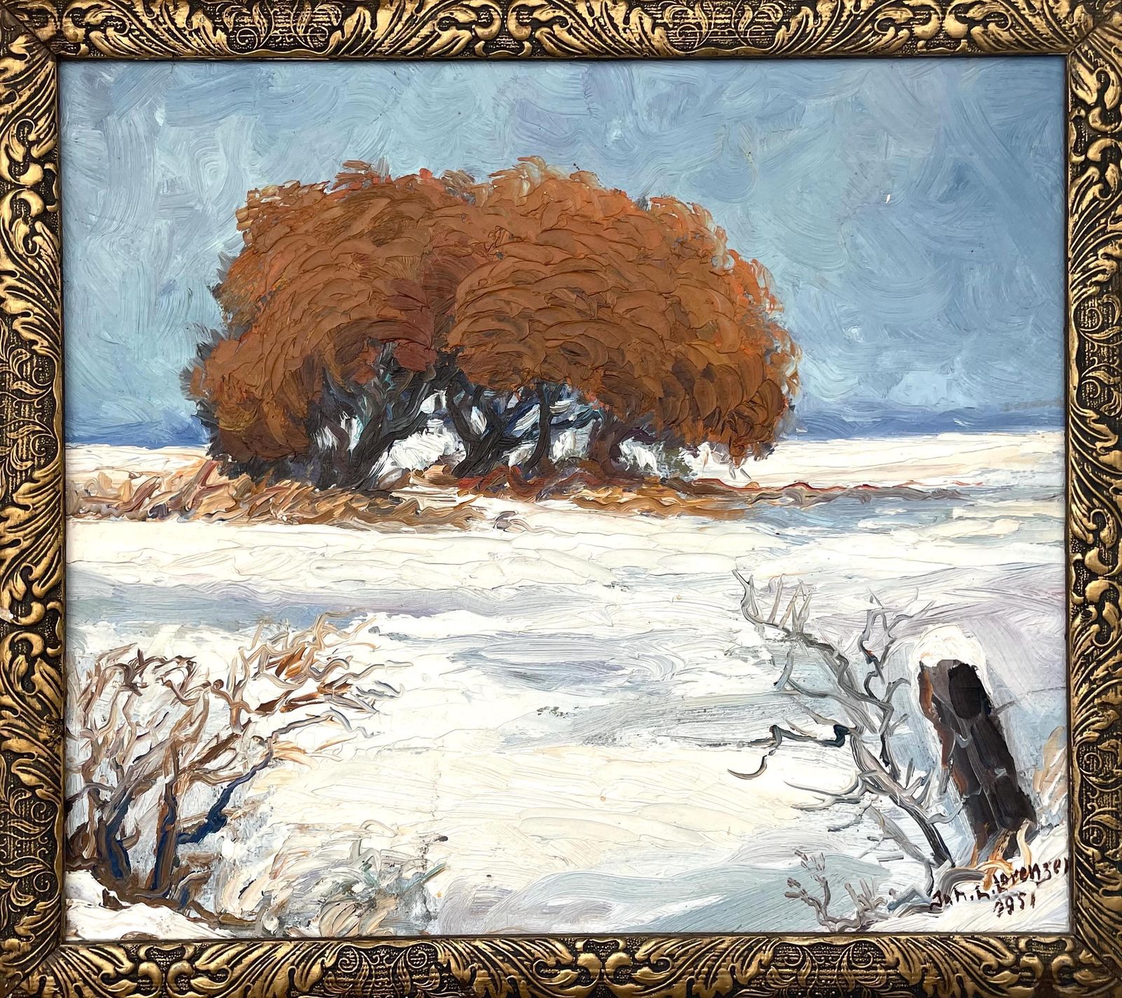 Vintage Mid 20th Century Oil Painting With Motive Of Winter Landscape By J. L. Lorenzen   Framed And Signed Danish Art From The 1950s photo furniture