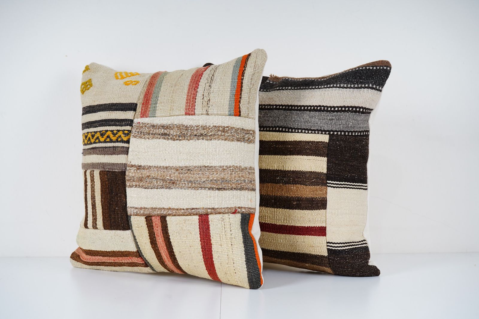 Vintage Turkish Handmade Large Patchwork Cushion, Set Of Two Flat Weave Kilim Rug Fregment Pillow, Pair Boho Home Decor photo for sale