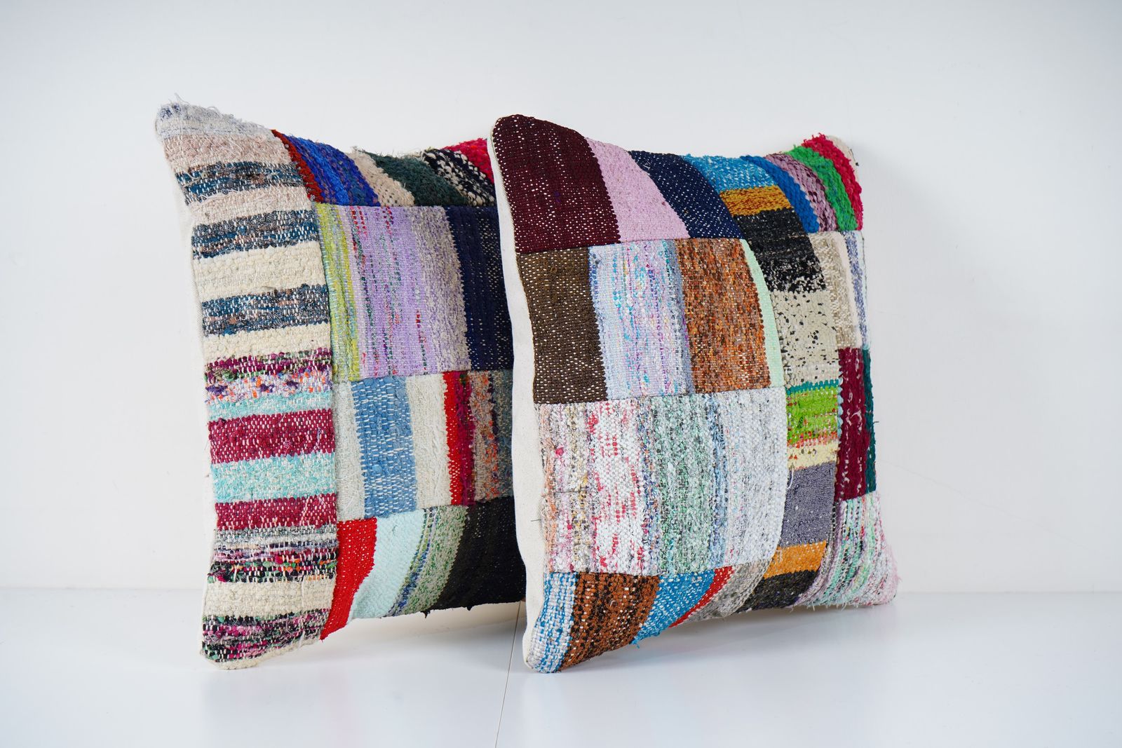 Turkish Handmade Large Patchwork Cushion, Set Of Two Flat Weave Kilim Rug Fregment Pillow, Pair Boho Home Deco photo for sale