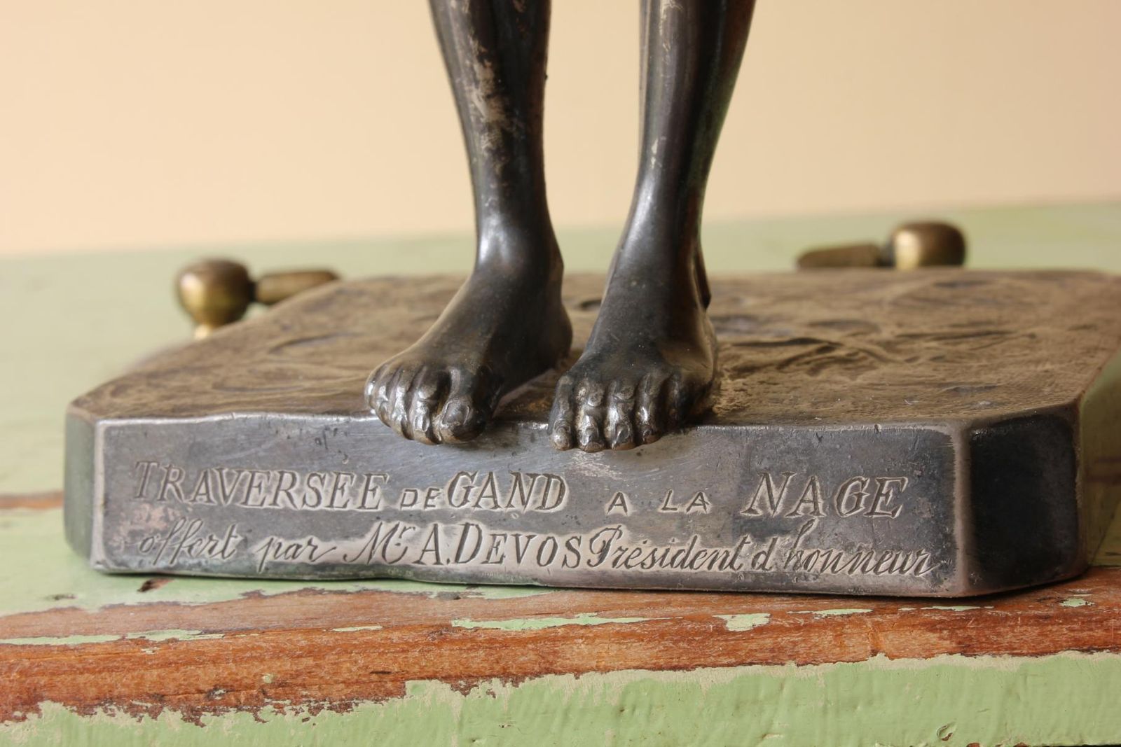 Art Swimming Trophy. Wilhelm Zwick Diving Figure Sports Statue. Ghent. C1910. photo
