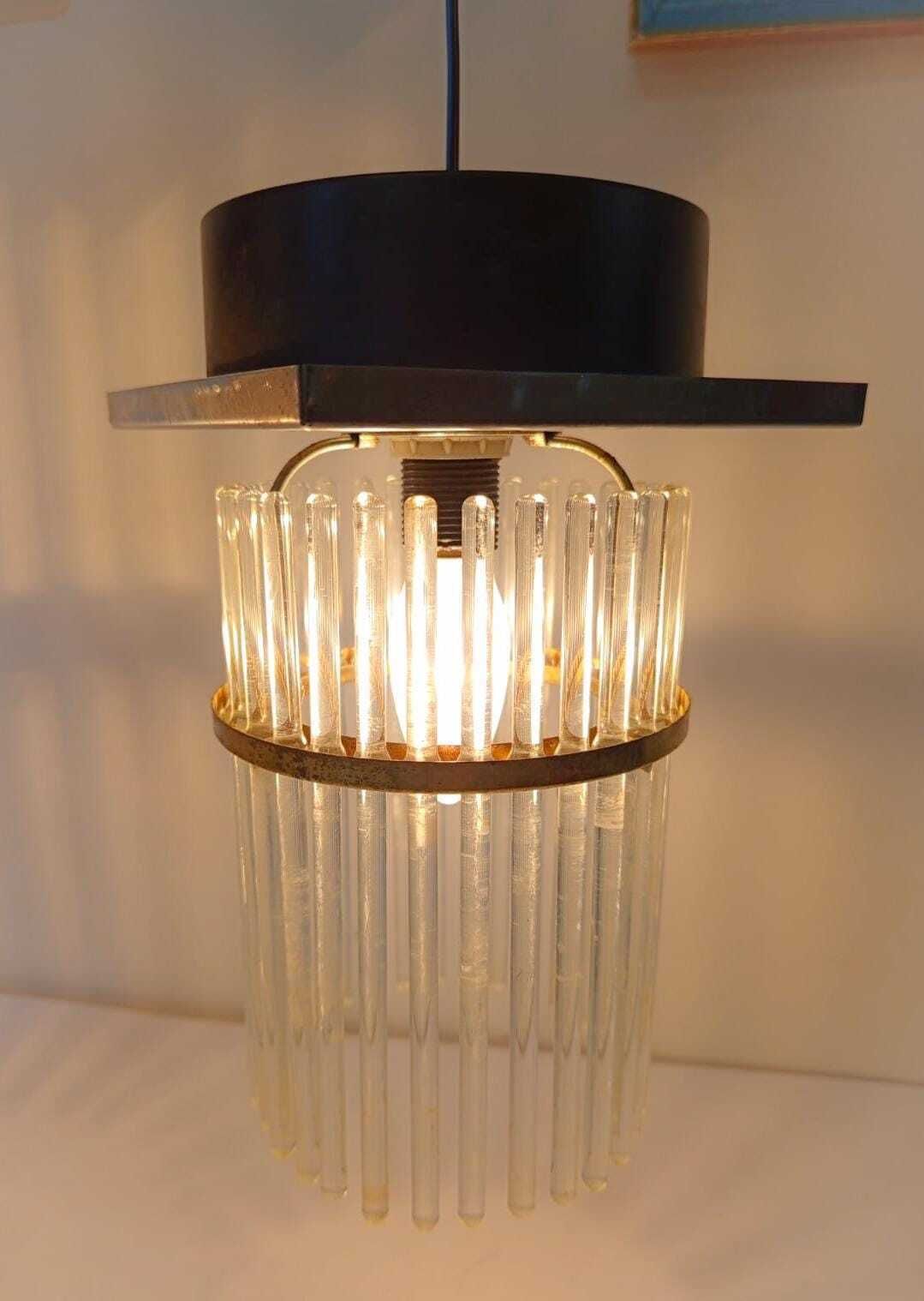 Pair Of Gaetano Sciolari Glass And Brass Ceiling Lamps, Vintage, Mid Century Modern Chandelier photo for sale