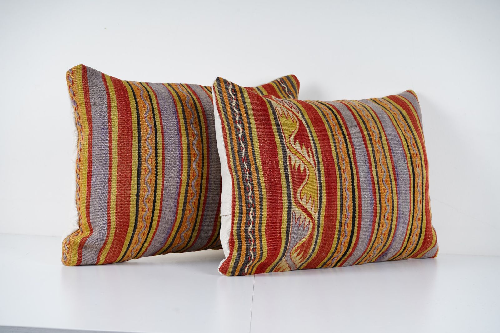 Turkish Kilim Lumbar Pillow Covers Set, Organic Wool Outdoor Striped Kilim Cushion Covers, Perfect Anatolian Home Accent Gift photo for sale
