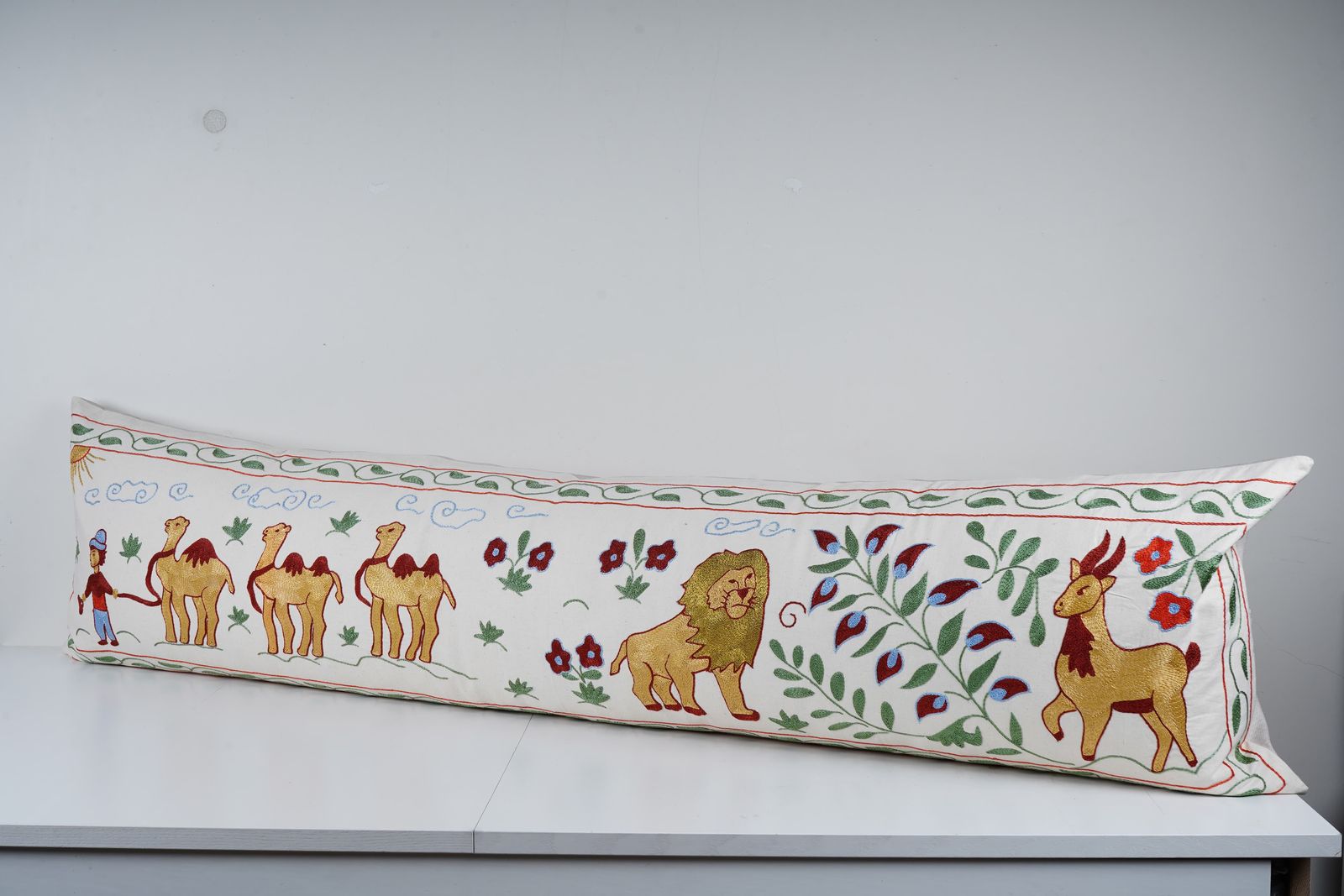 Tashkent Suzani Animal Pictorial Bedding Pillow Case Made From A 19th Century Suzani, Lion And Camel Motif Cushion Cover photo for sale