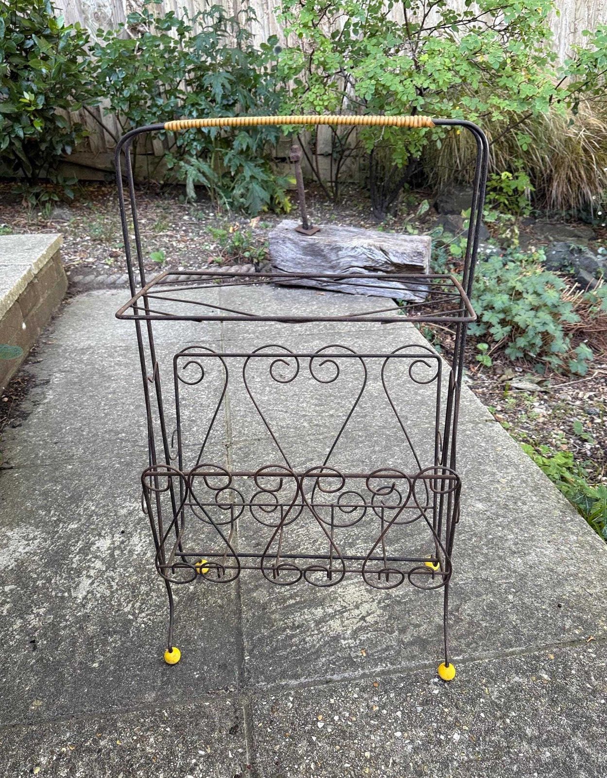 Vintage 1950s Wire Magazine Rack – Mid Century Scrollwork Storage Stand With Original Yellow Feet & Handle, Vintage Storage Rack   Towels?
