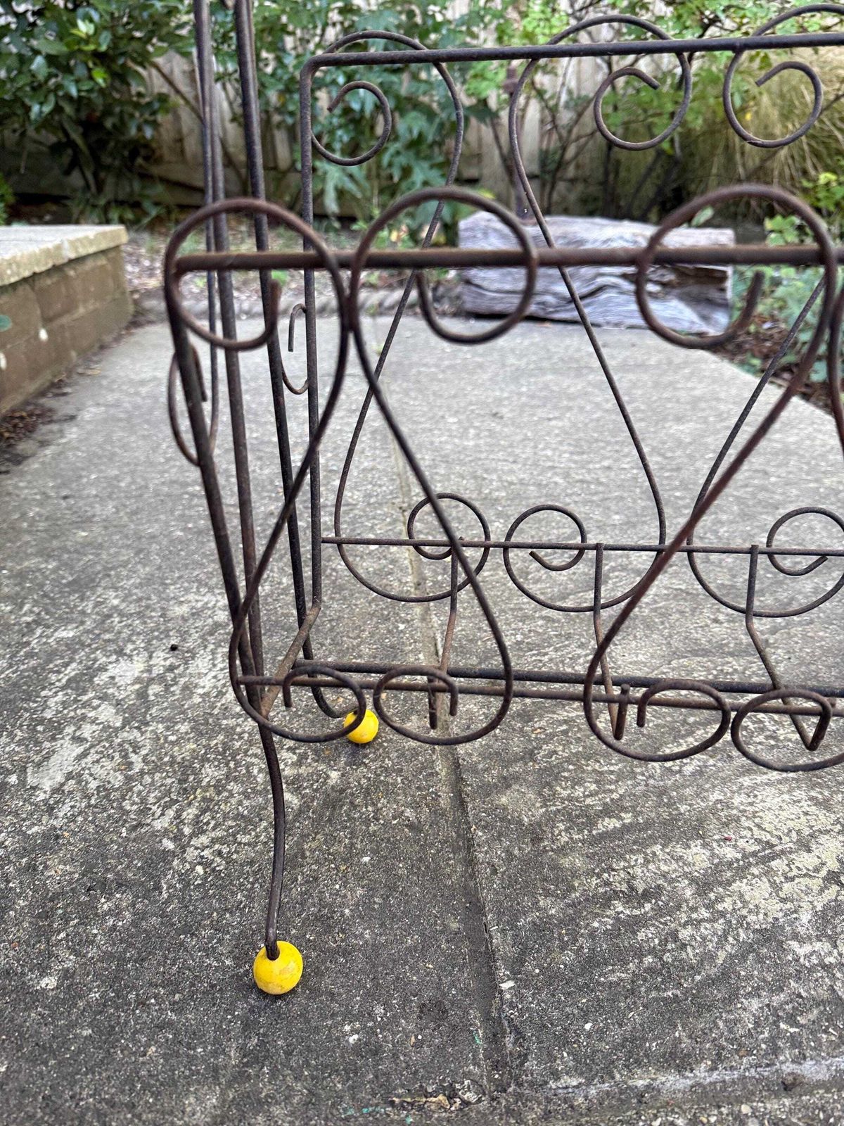 Vintage 1950s Wire Magazine Rack – Mid Century Scrollwork Storage Stand With Original Yellow Feet & Handle, Vintage Storage Rack   Towels? photo for sale