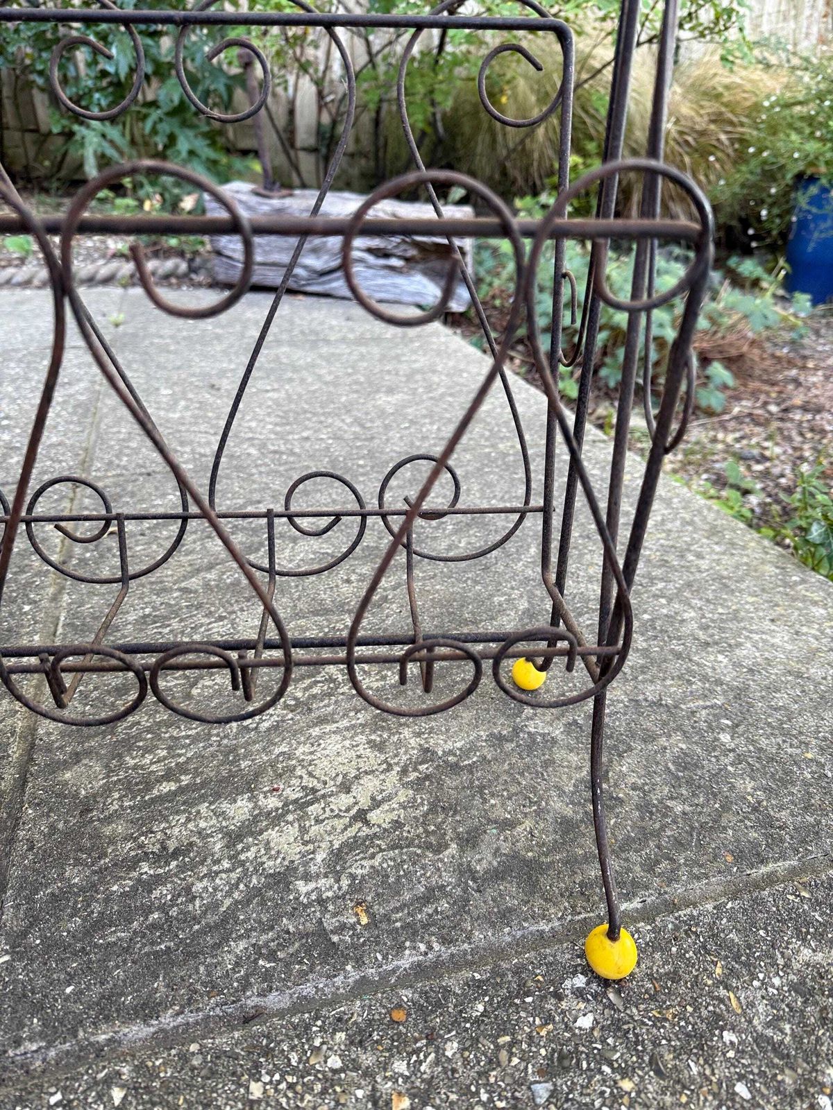 Vintage 1950s Wire Magazine Rack – Mid Century Scrollwork Storage Stand With Original Yellow Feet & Handle, Vintage Storage Rack   Towels? photo Home Decor