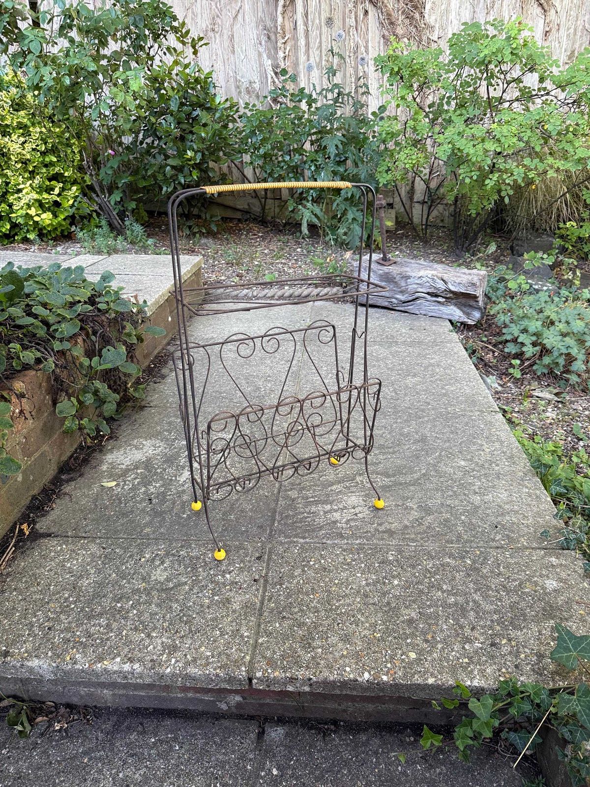 photo furniture Vintage 1950s Wire Magazine Rack – Mid Century Scrollwork Storage Stand With Original Yellow Feet & Handle, Vintage Storage Rack   Towels?
