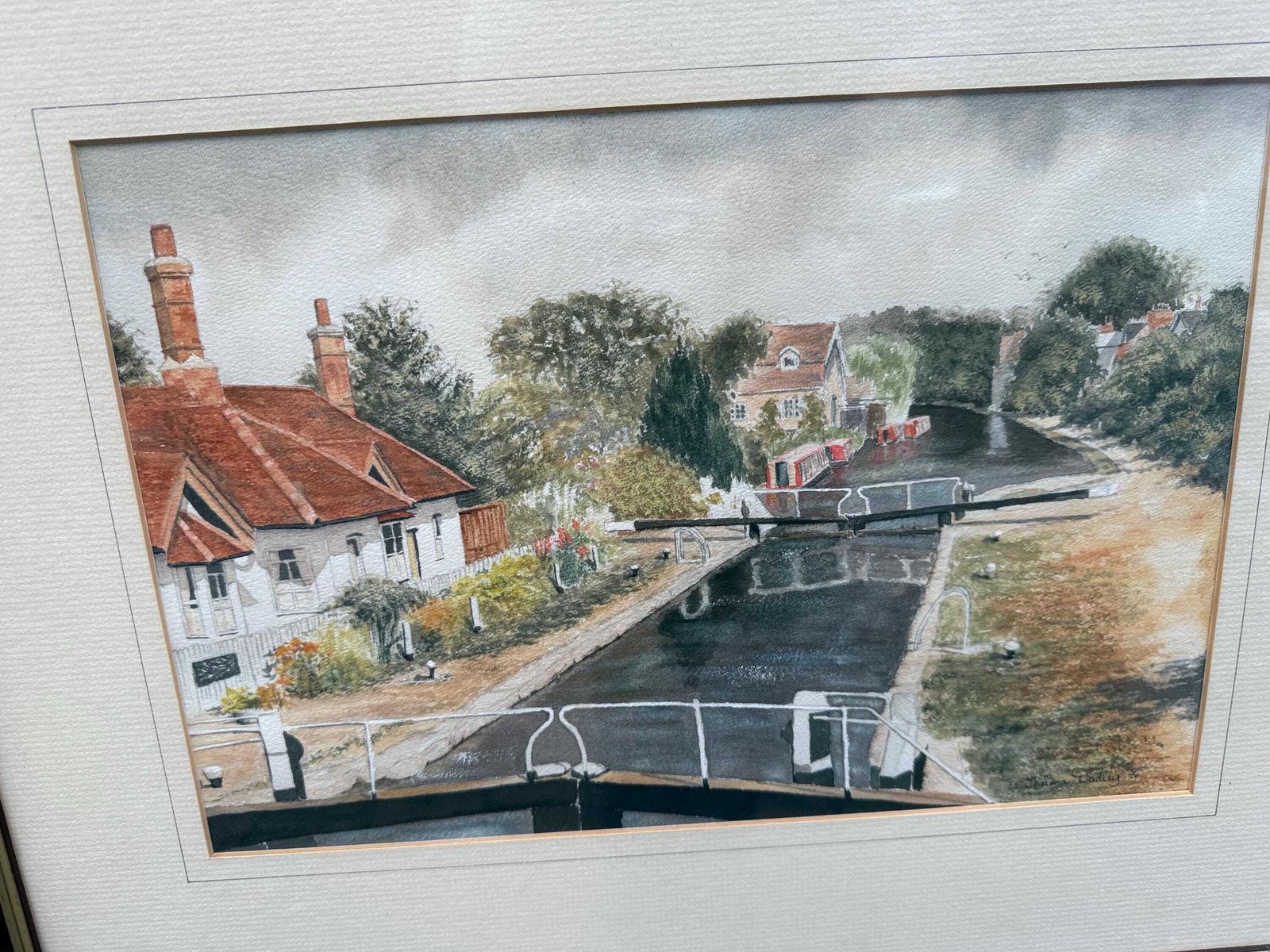 Framed Canal Lock Watercolour By Thelma Dudley, Signed 1996, English Cottage Scene With Narrowboats, Traditional Landscape Art photo furniture