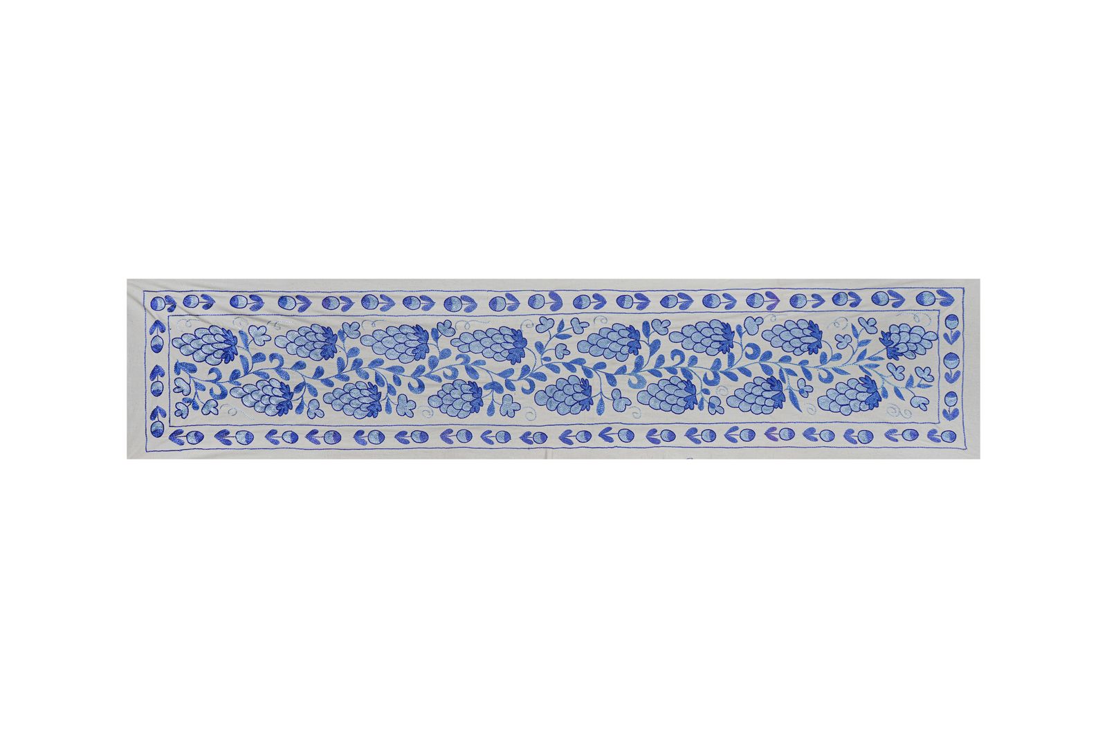 Hand Embroidered Suzani Table Runner – Blue Floral Grape Motif – Boho Uzbek Home Decor 1'4'' X 5'8''