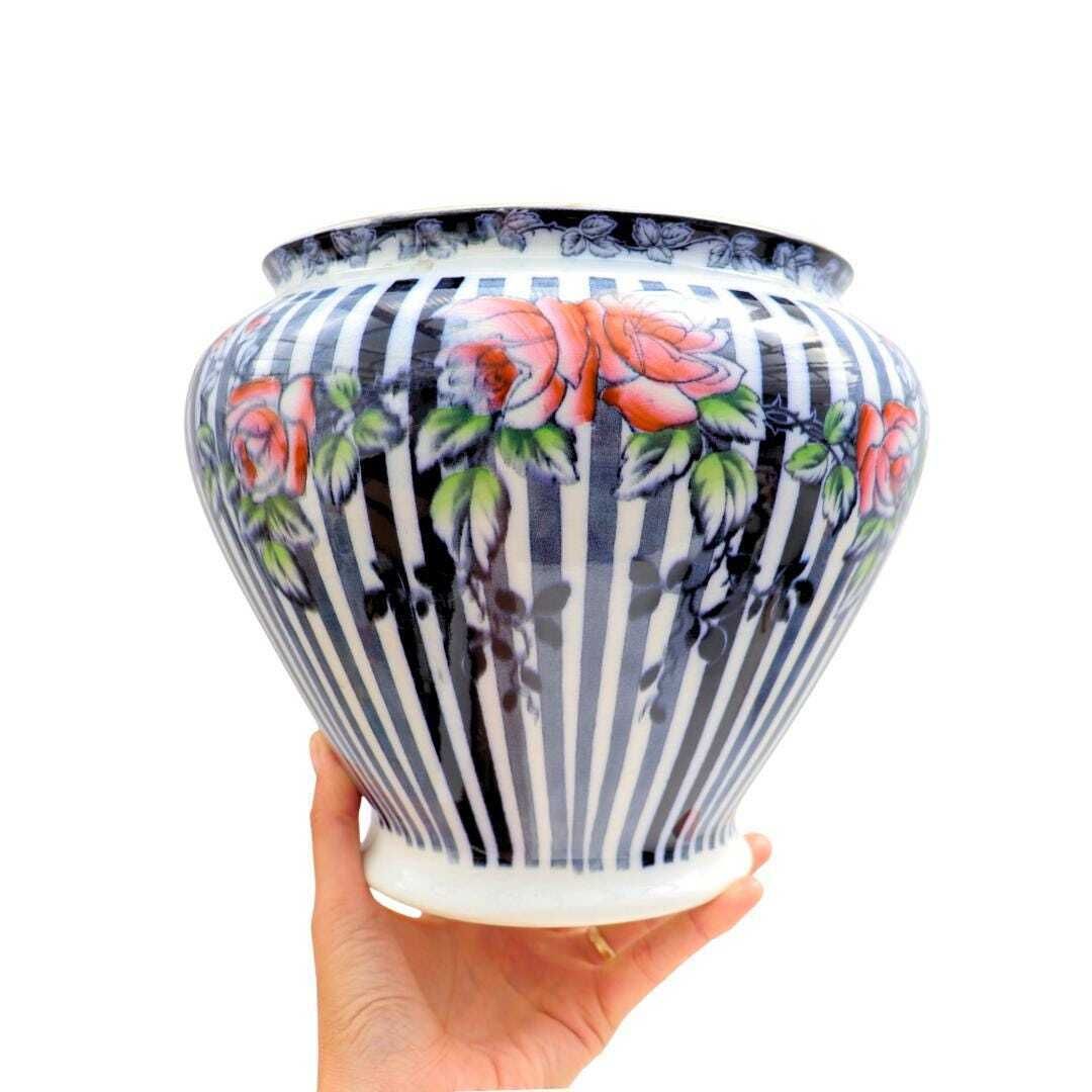 Antique Large Edwardian Planter By Burleigh Ware With Blue Stripes And Roses C 1910 Rare Piece. photo furniture