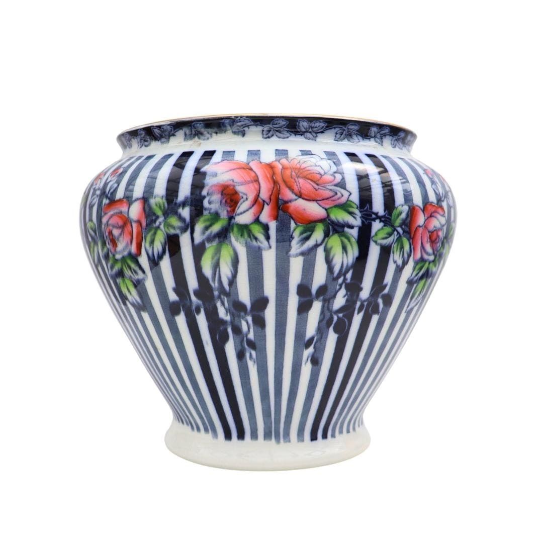 Antique Large Edwardian Planter By Burleigh Ware With Blue Stripes And Roses C 1910 Rare Piece. photo 120.0