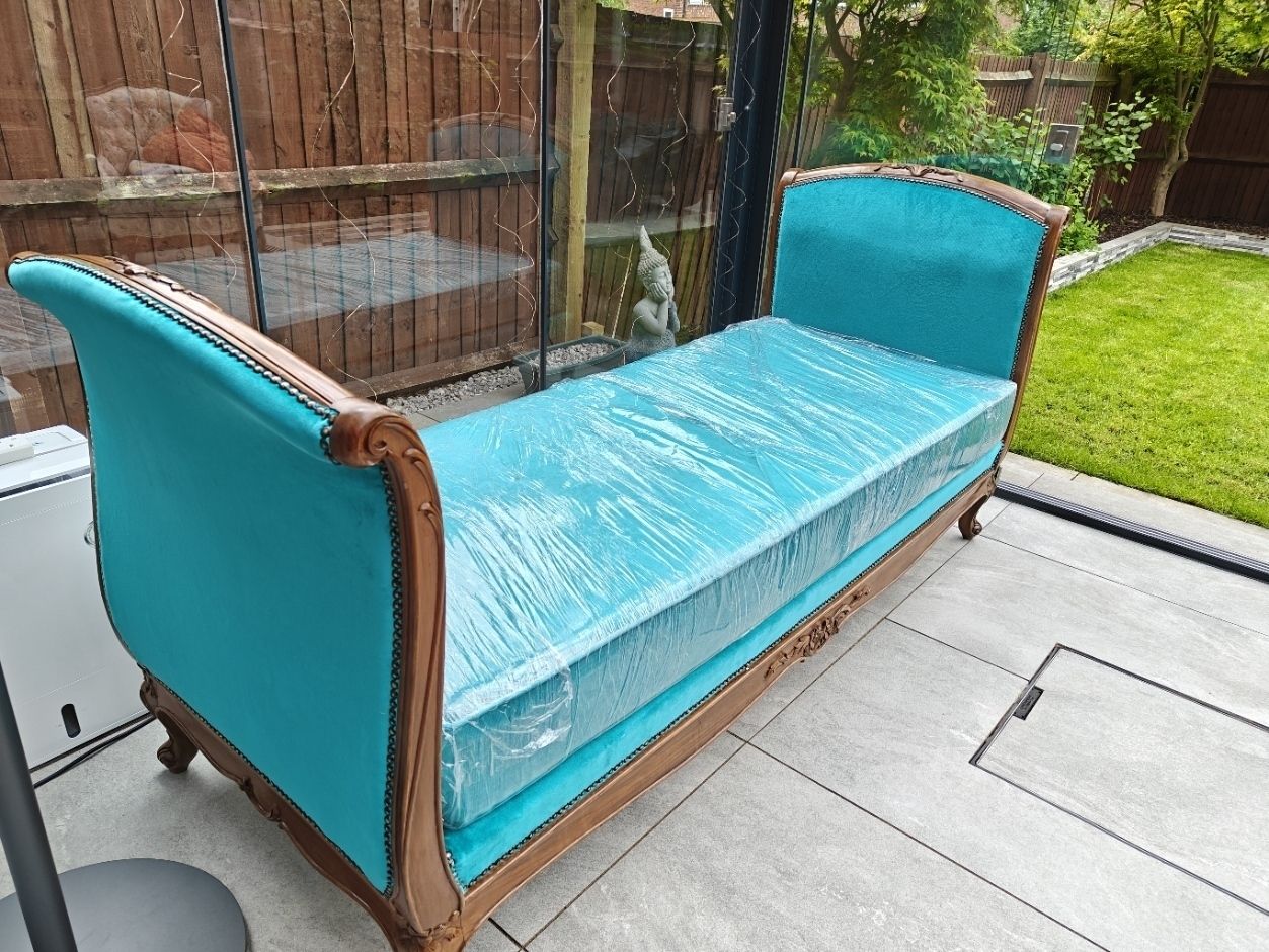 Rose Wood Recliner Sofa With New Turquoise Upholstery, New Mattress Included.