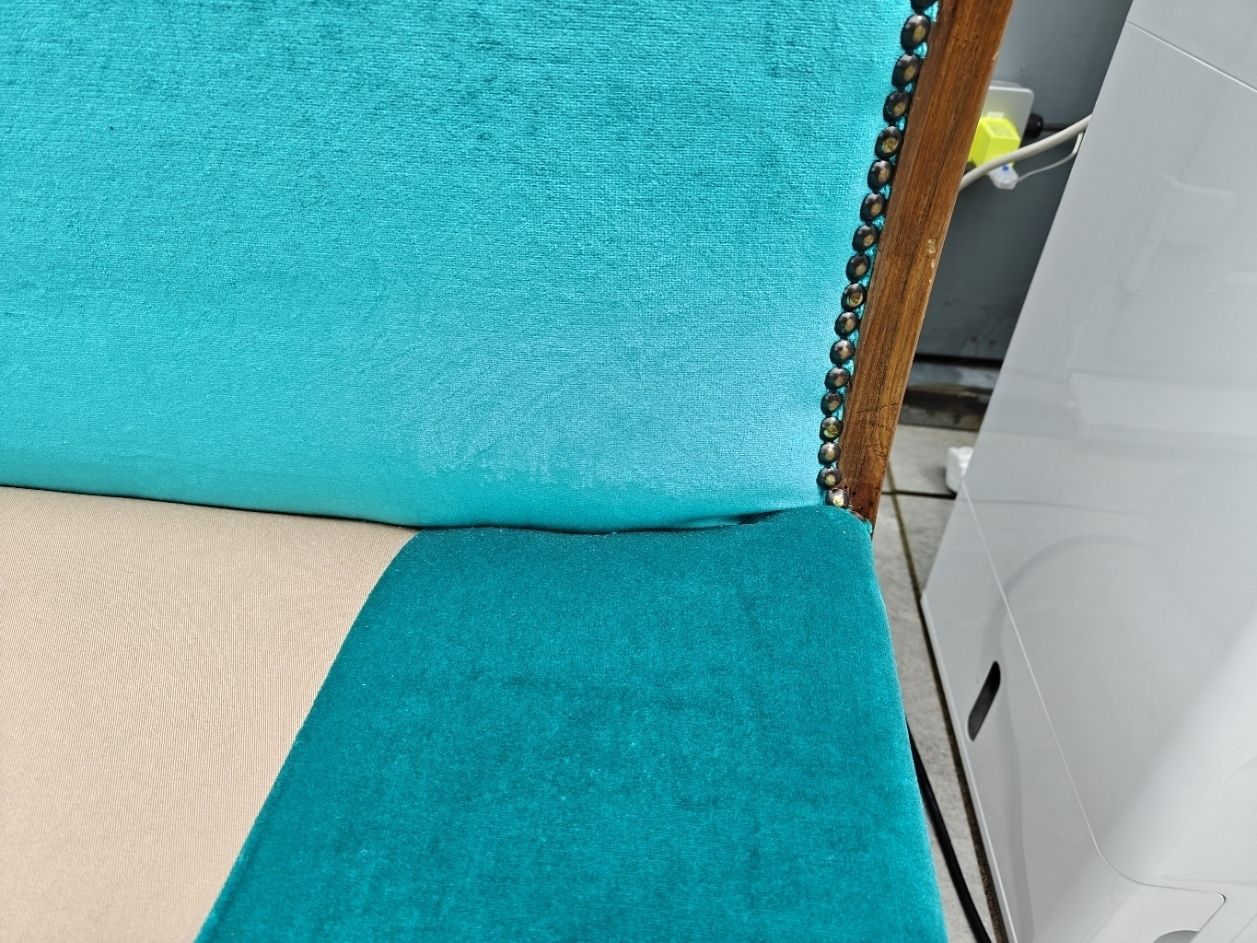Rose Wood Recliner Sofa With New Turquoise Upholstery, New Mattress Included. photo buy