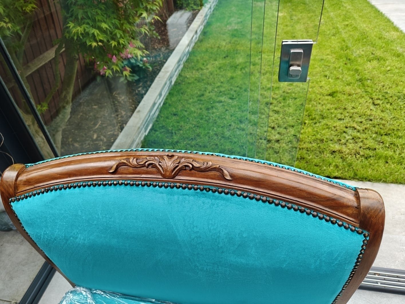 photo for sale Rose Wood Recliner Sofa With New Turquoise Upholstery, New Mattress Included.