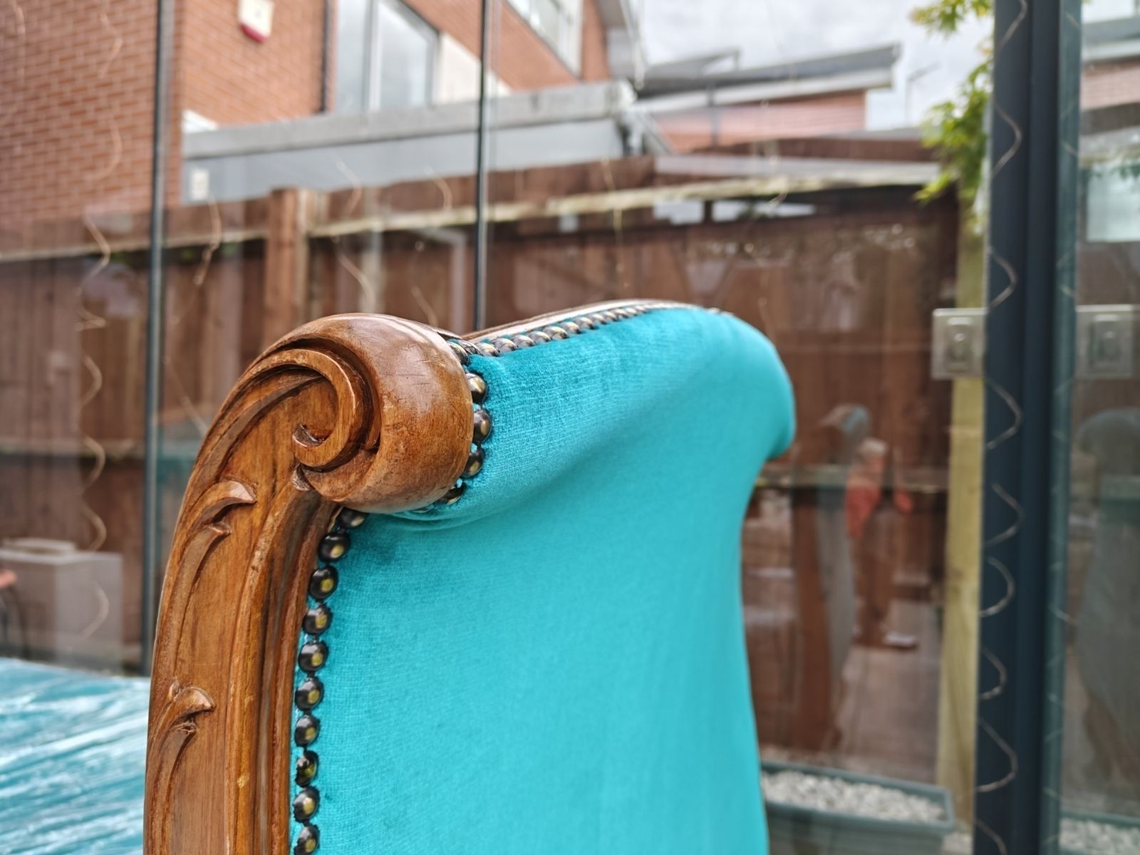 photo vinterior Rose Wood Recliner Sofa With New Turquoise Upholstery, New Mattress Included.