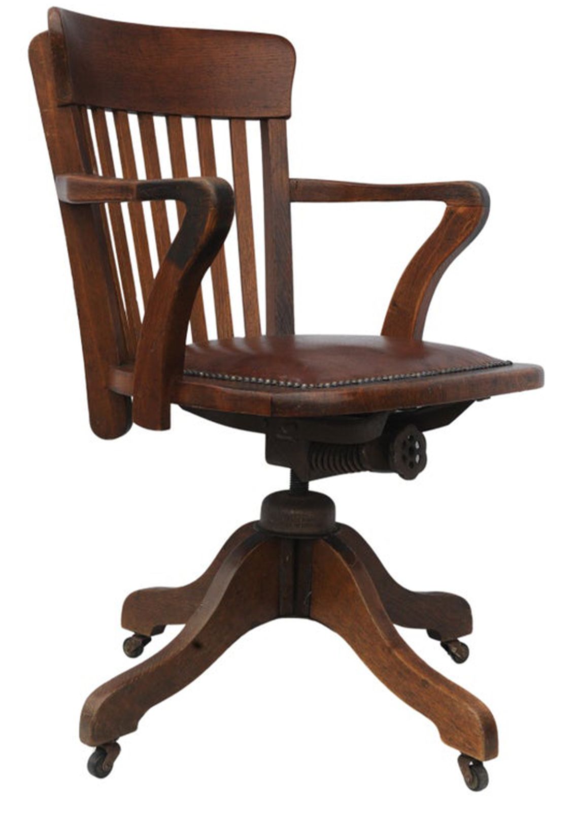 Early 20th Century Hillcrest Oak Rail Revolving Desk Chair With Polished Brown Leather Seat Finished With Brass Studs