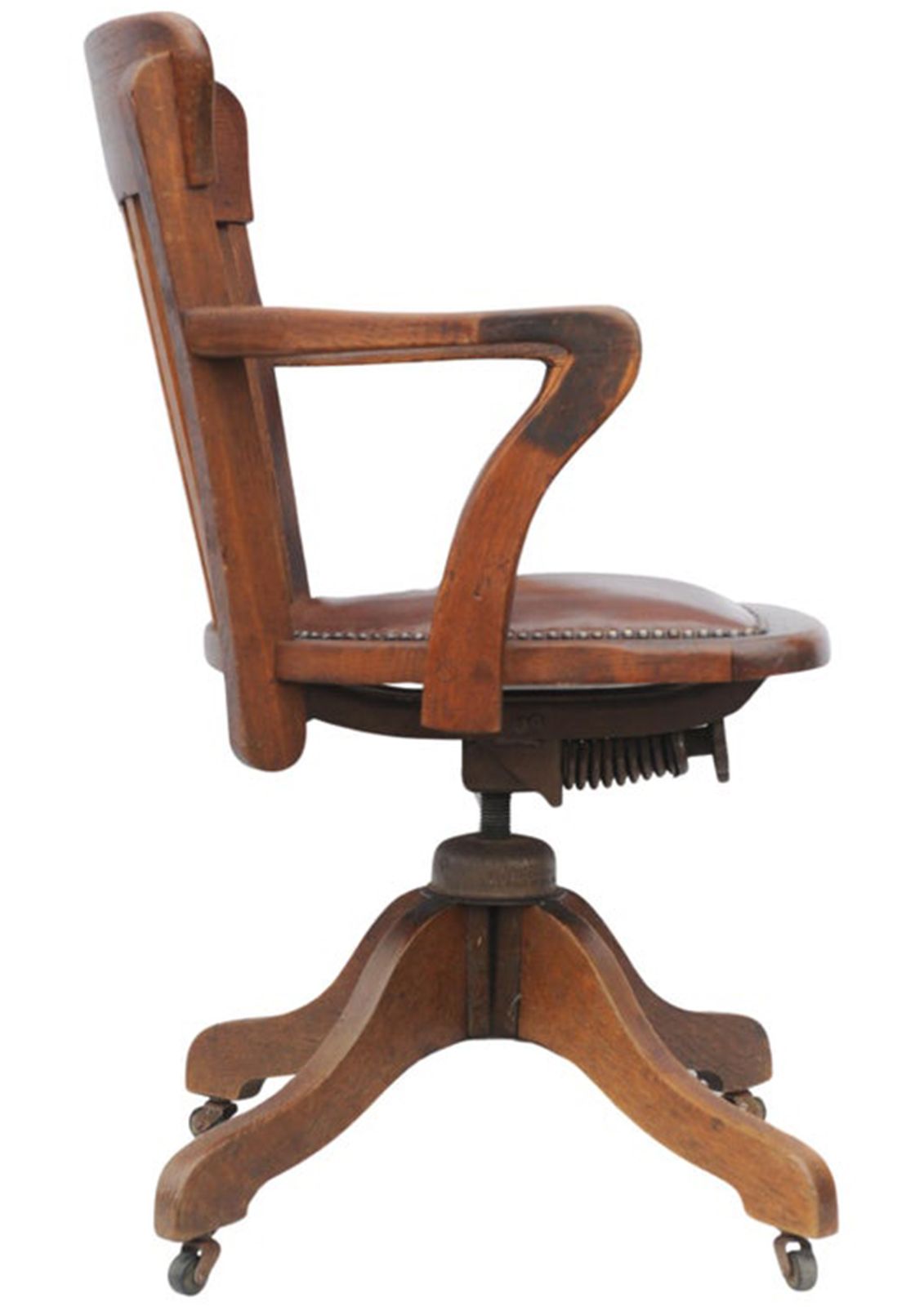 Early 20th Century Hillcrest Oak Rail Revolving Desk Chair With Polished Brown Leather Seat Finished With Brass Studs photo Furniture