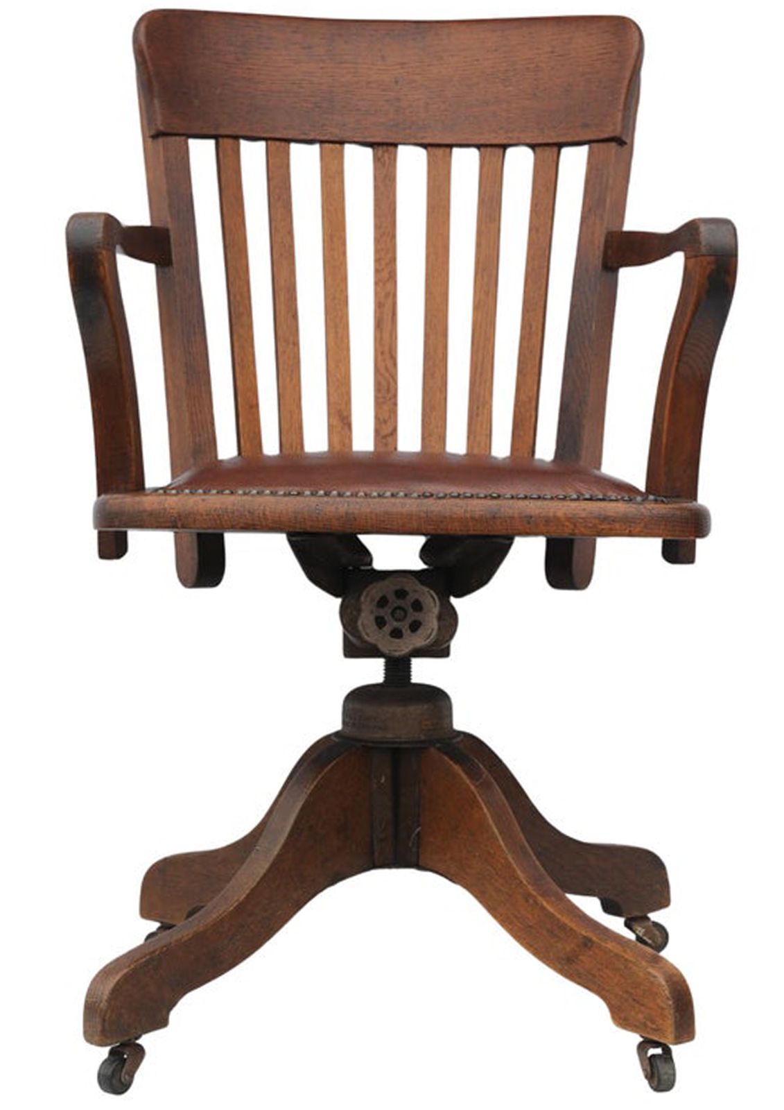 Early 20th Century Hillcrest Oak Rail Revolving Desk Chair With Polished Brown Leather Seat Finished With Brass Studs photo vintage