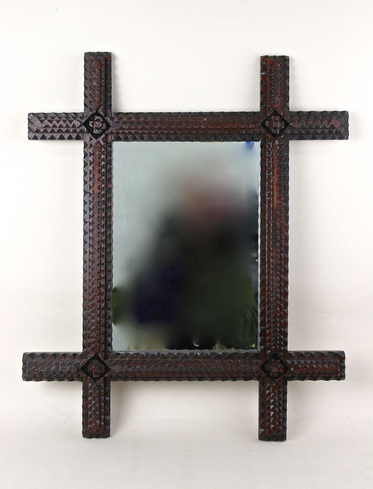 19th Century Rustic Tramp Art Wall Mirror Hand Carved, Austria, Circa 1870