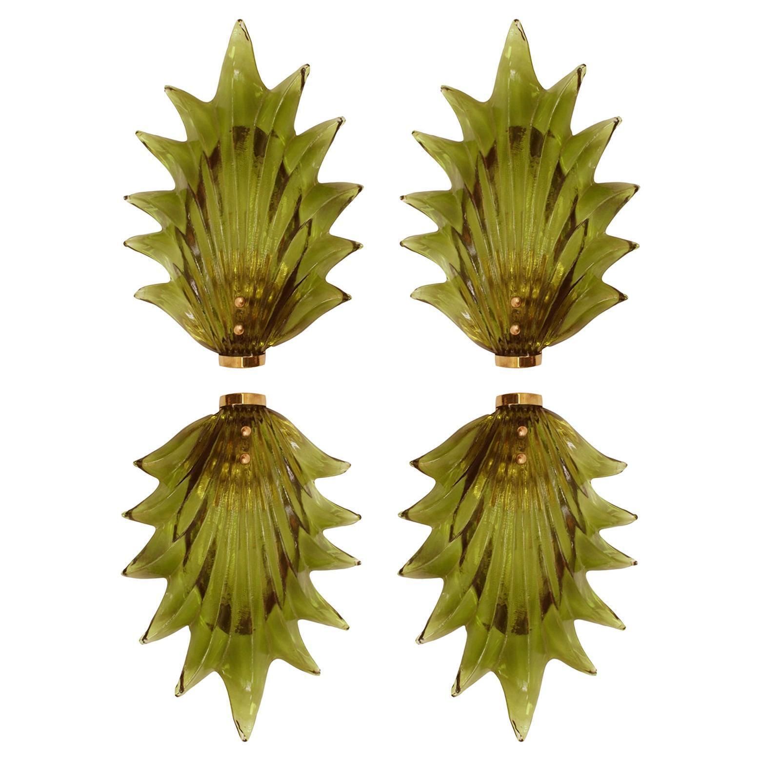 Set Of 4 Floral Murano Glass Wall Sconces In Green, Italian Art Glass Lighting
