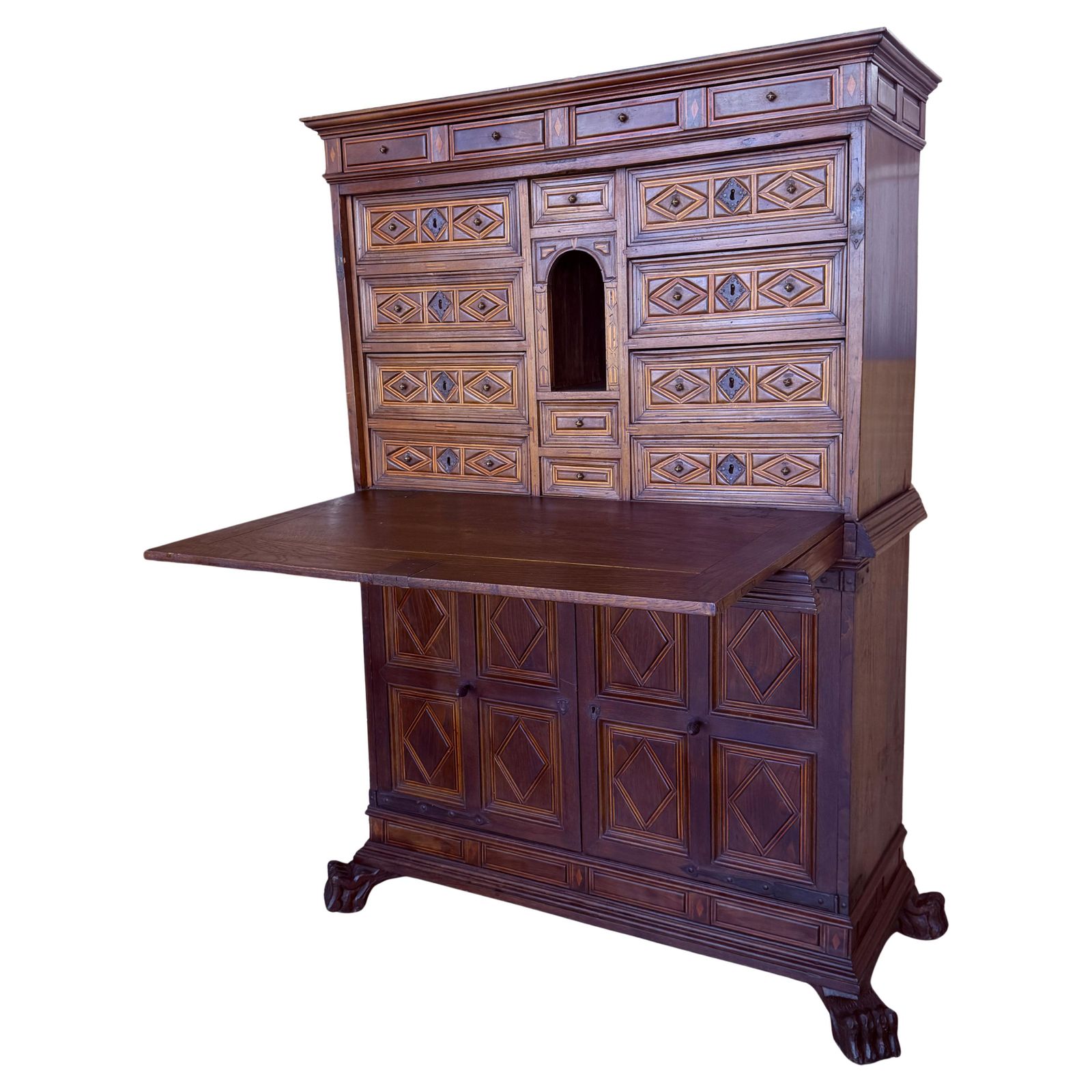 Cabinet espagnol sur piédestal ou bargueño en noyer massif, XIXe siècle, bureau