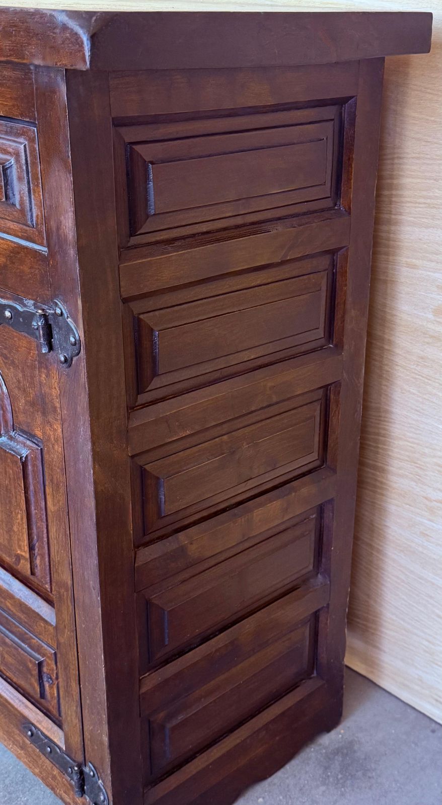 photo for sale 19th Spanish Baroque Carved Walnut Narrow Two Drawer Credenza Or Buffet
