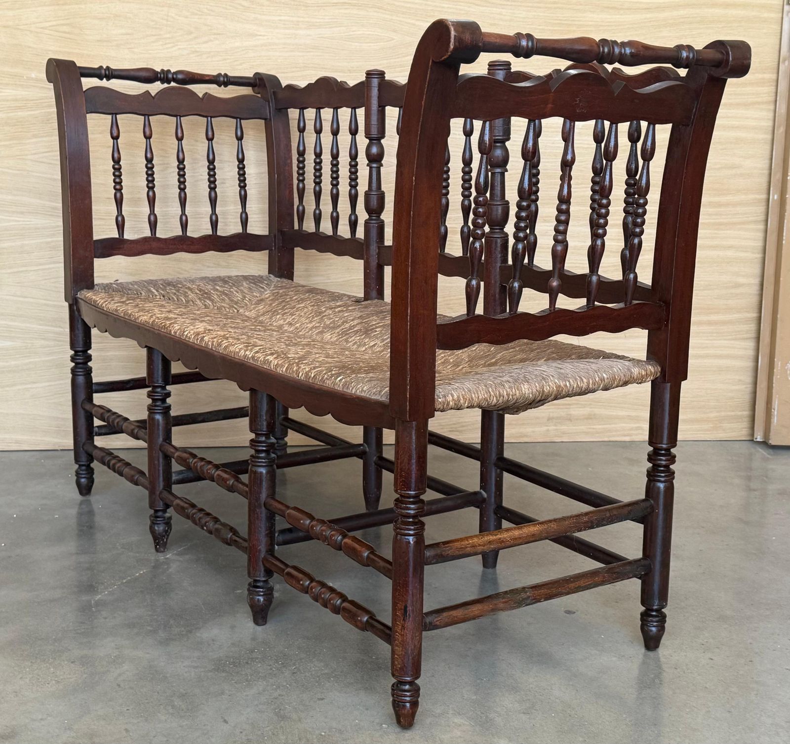 20th Century Catalan Bench In Solid Walnut With Caned Seat, Three Seats photo vinterior