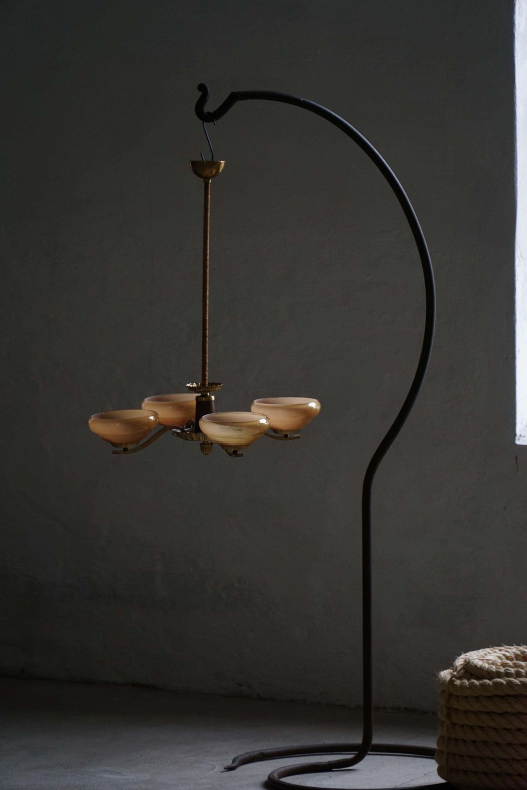 Art Deco 4 Arm Chandelier In Glass & Brass, Sweden, 1940s photo 1230.0