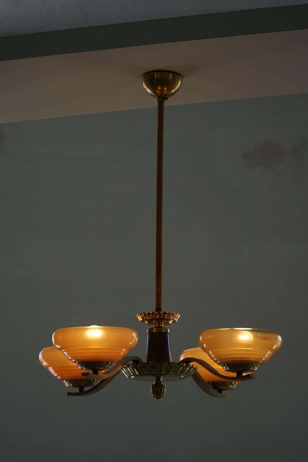 Lighting Art Deco 4 Arm Chandelier In Glass & Brass, Sweden, 1940s photo