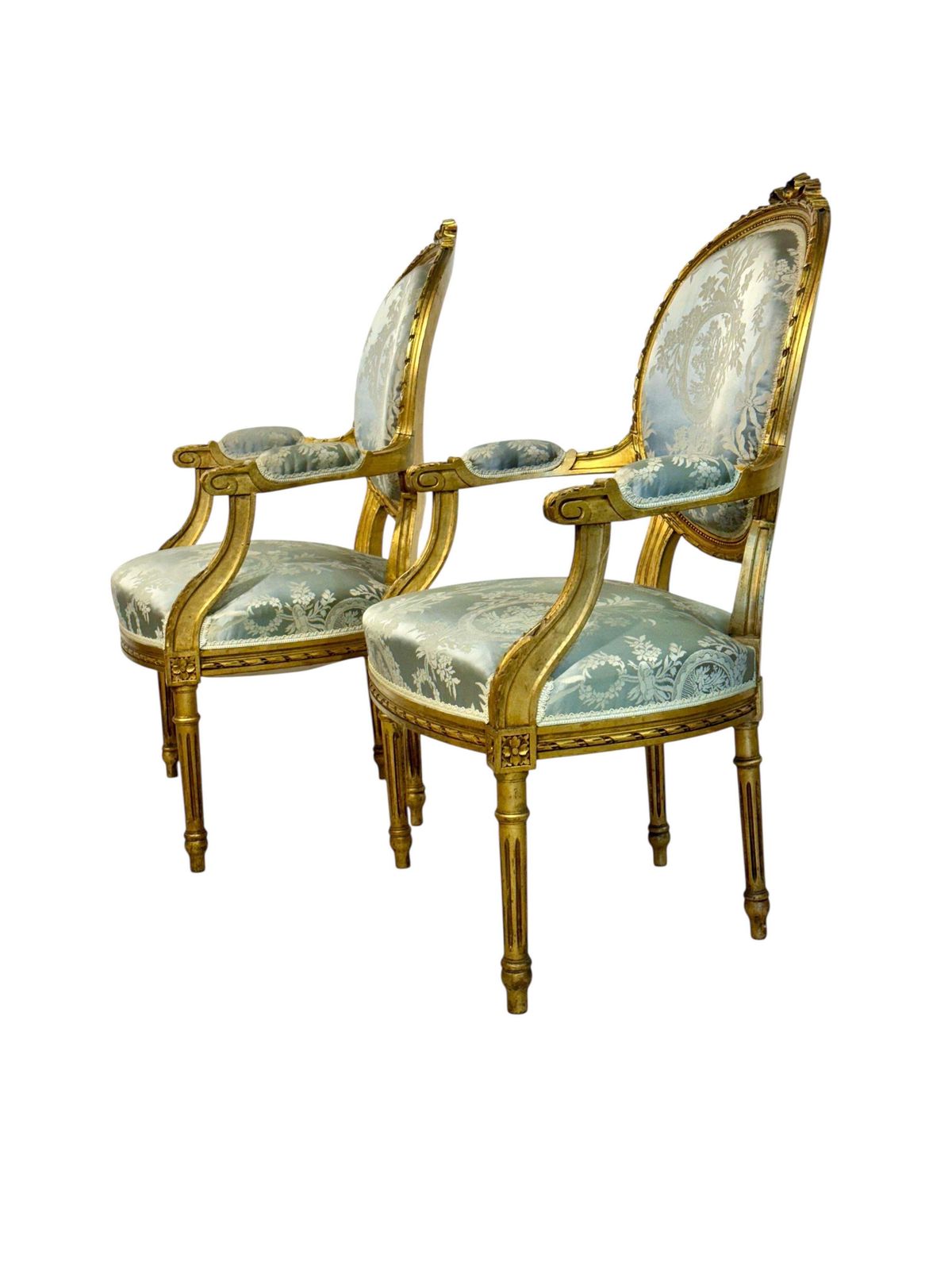 photo for sale Pair Of Louis XVI Medallion Carved And Gilded Wood Armchairs