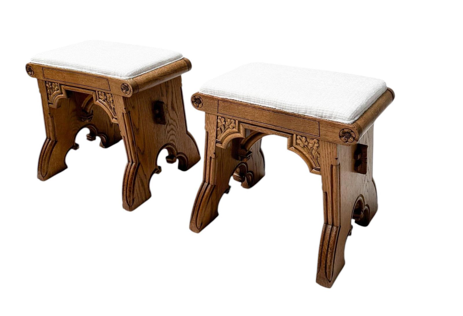 Arts & Crafts Hand Carved Oak Stools With Boucle Upholstery, 1900s photo furniture