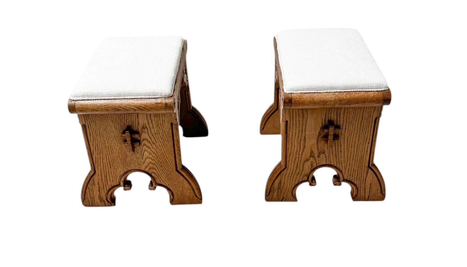 Arts & Crafts Hand Carved Oak Stools With Boucle Upholstery, 1900s photo 1521.0
