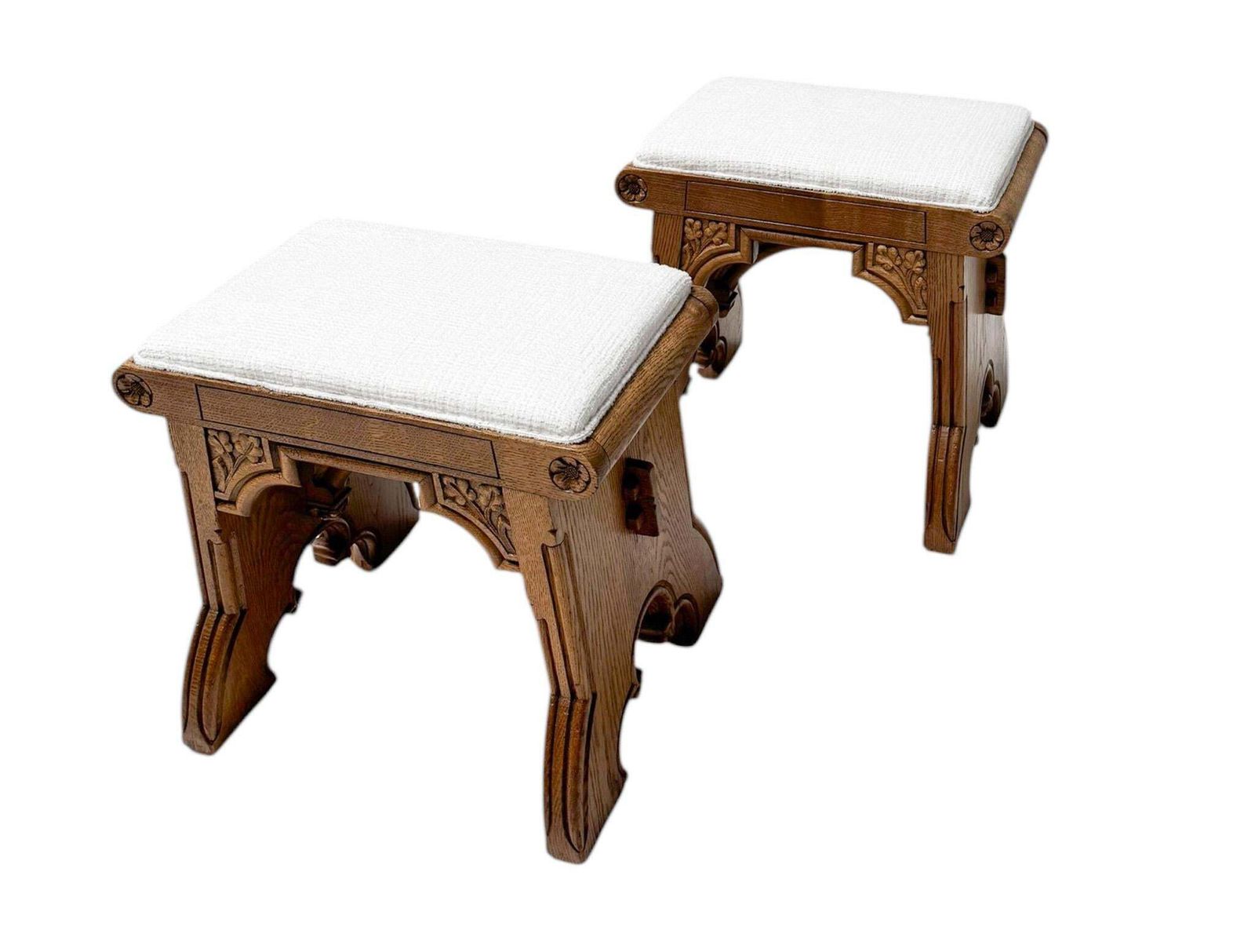 Arts & Crafts Hand Carved Oak Stools With Boucle Upholstery, 1900s photo buy