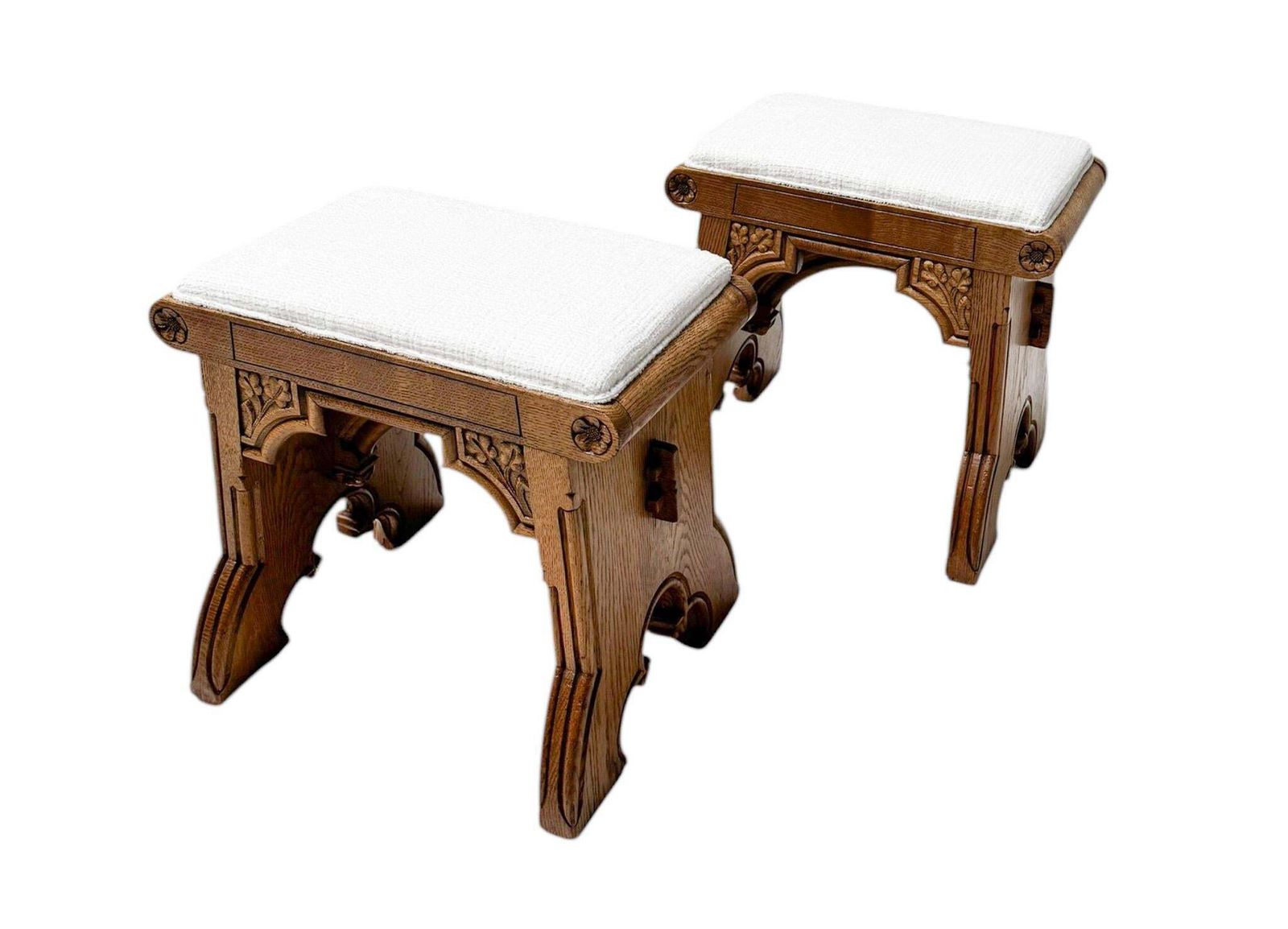 Arts & Crafts Hand Carved Oak Stools With Boucle Upholstery, 1900s photo vintage