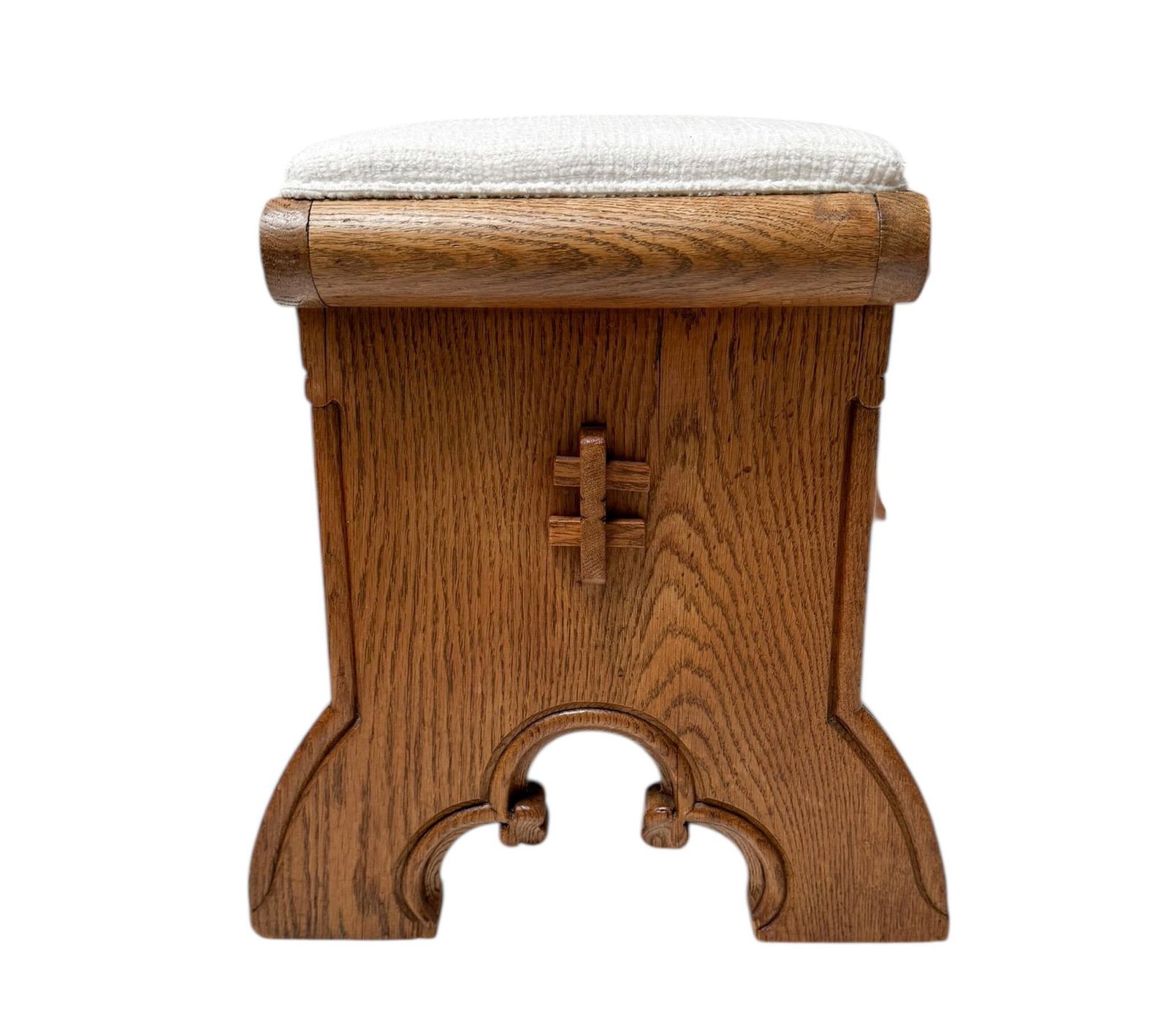 Furniture Arts & Crafts Hand Carved Oak Stools With Boucle Upholstery, 1900s photo