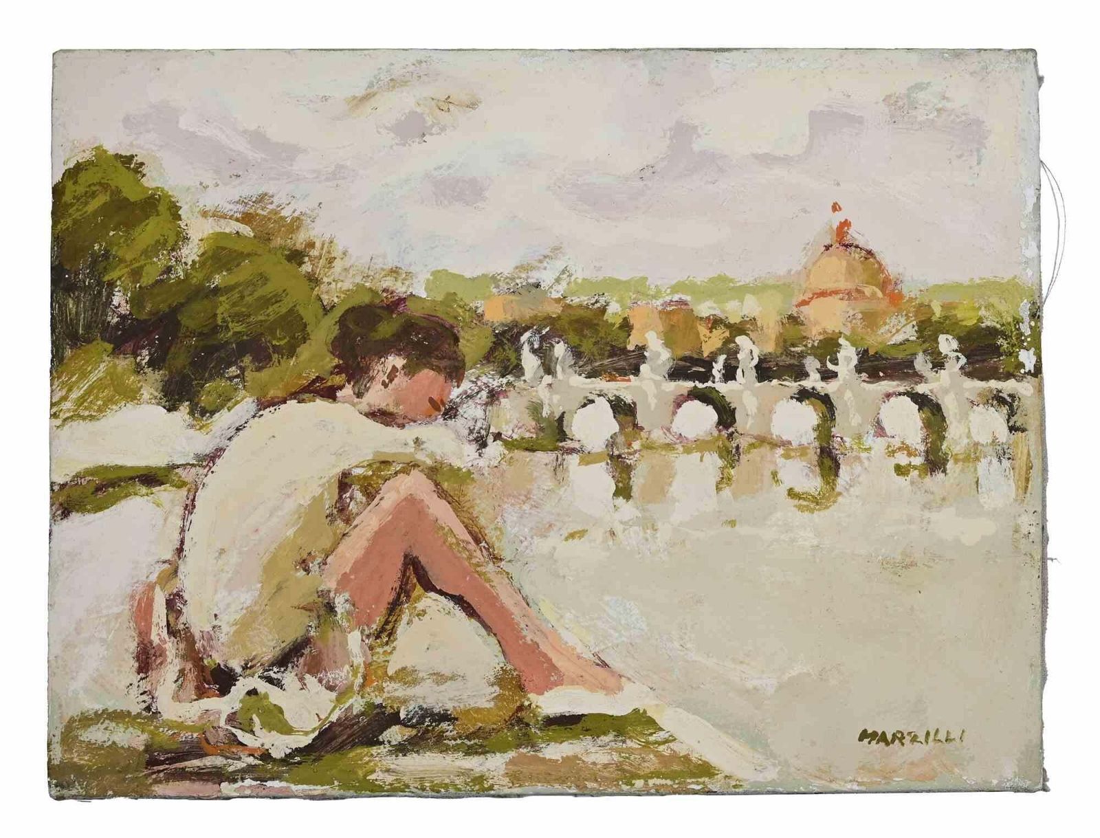 Franco Marzilliballerina In Front Of A Bridge In Rome   Oil Painting By Franco Marzilli   1970s1970s photo furniture