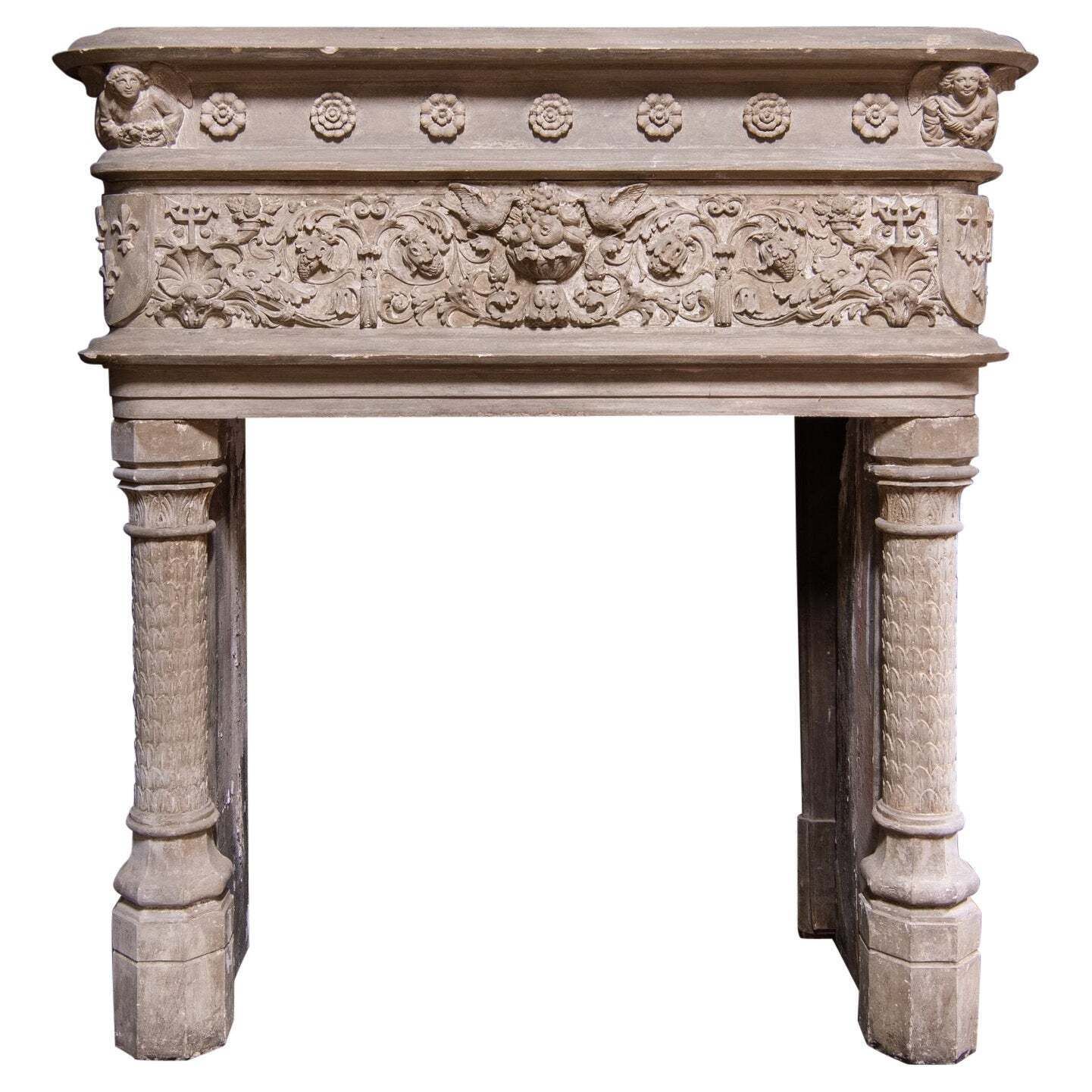 Fireplace Mantel In Gray Stone, Richly Carved With Birds, Flowers And Cherubs