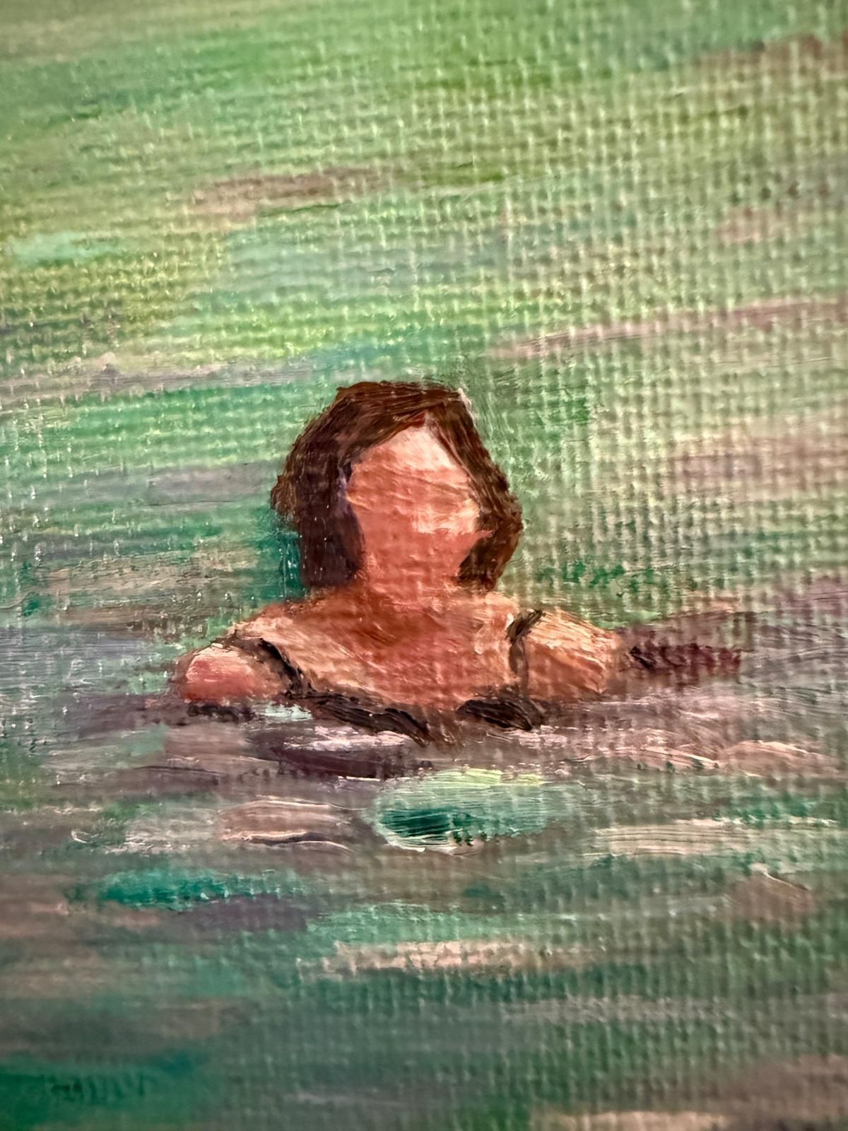 Bernadette Van Baarsen Turquoise And Violet Provençal Beach Scene.  'The Shopping Bag'. Oil On Canvas.2025 photo furniture