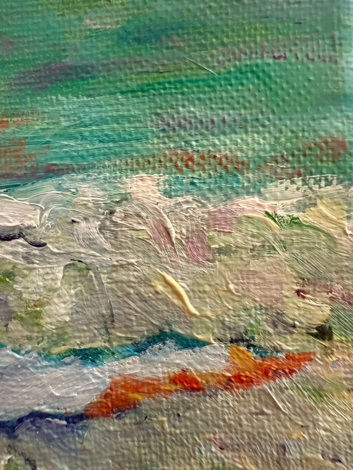 Bernadette Van Baarsen Turquoise And Violet Provençal Beach Scene.  'The Shopping Bag'. Oil On Canvas.2025 photo Art