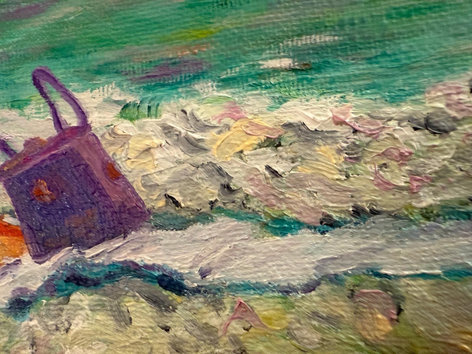 Bernadette Van Baarsen Turquoise And Violet Provençal Beach Scene.  'The Shopping Bag'. Oil On Canvas.2025 photo buy
