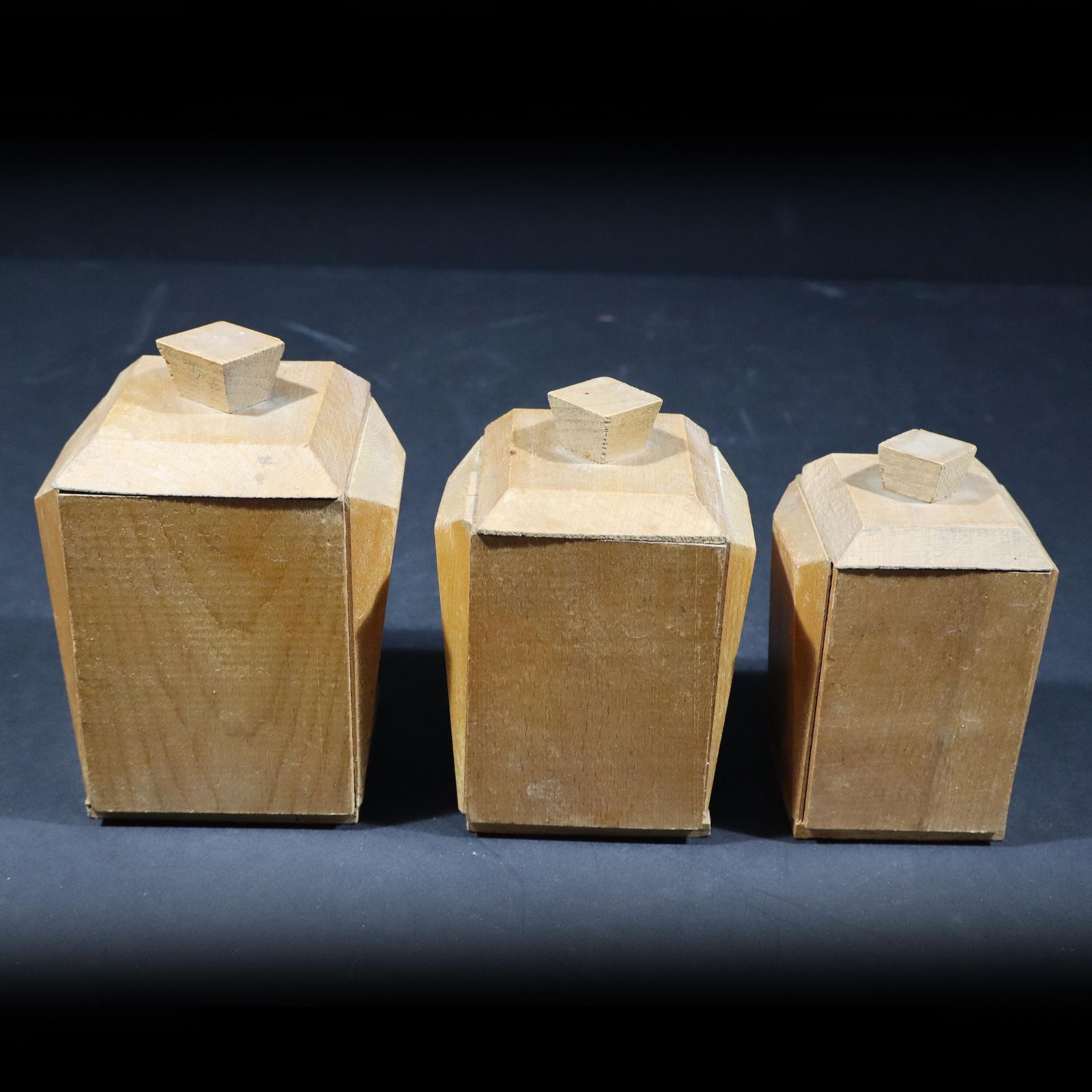 photo for sale Antique Spice Canisters & Salt Box Wooden Lustucru Pattern French Kitchen Storage Jars