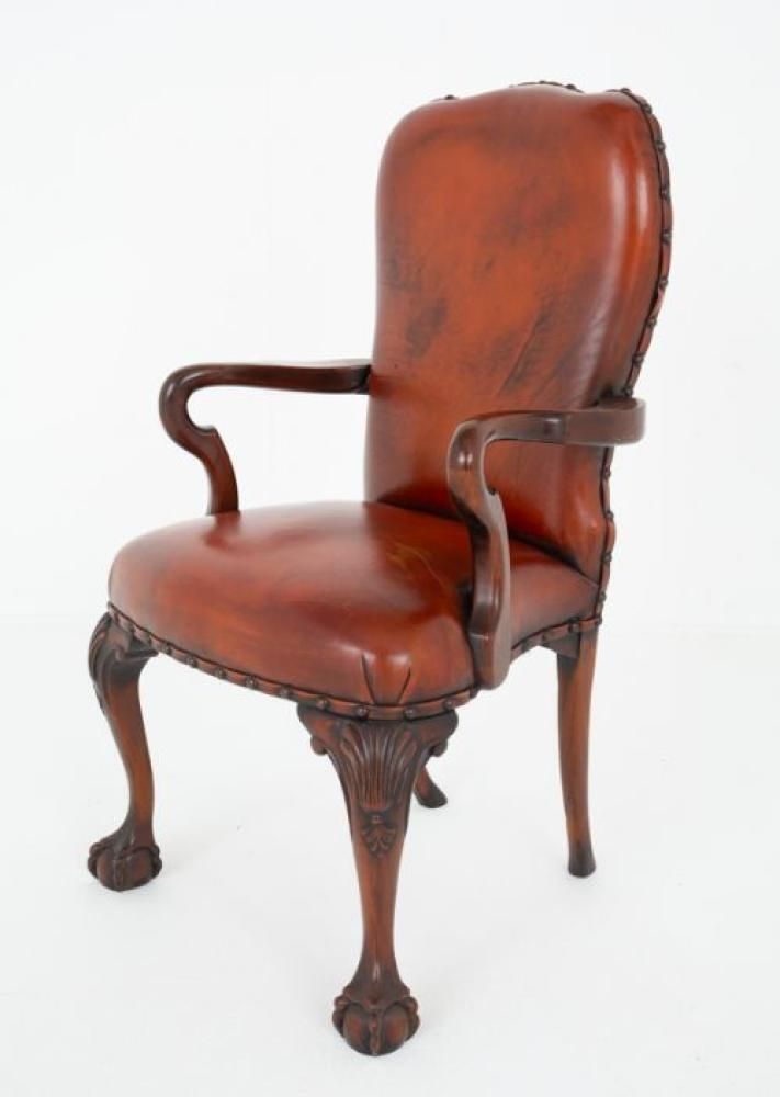 Chippendale Desk Chair Mahogany Leather Arm Seat photo furniture