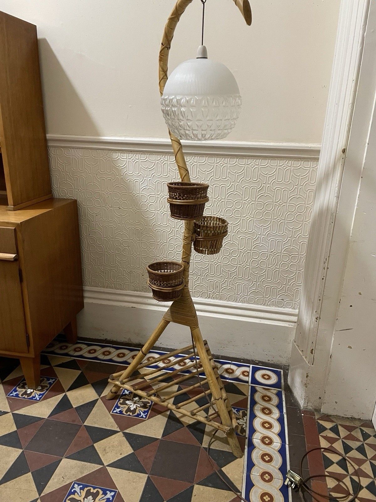 Mid Century Bamboo Standard Lamp Gooseneck Tiki Plant Holder Vintage Glass Shade photo furniture