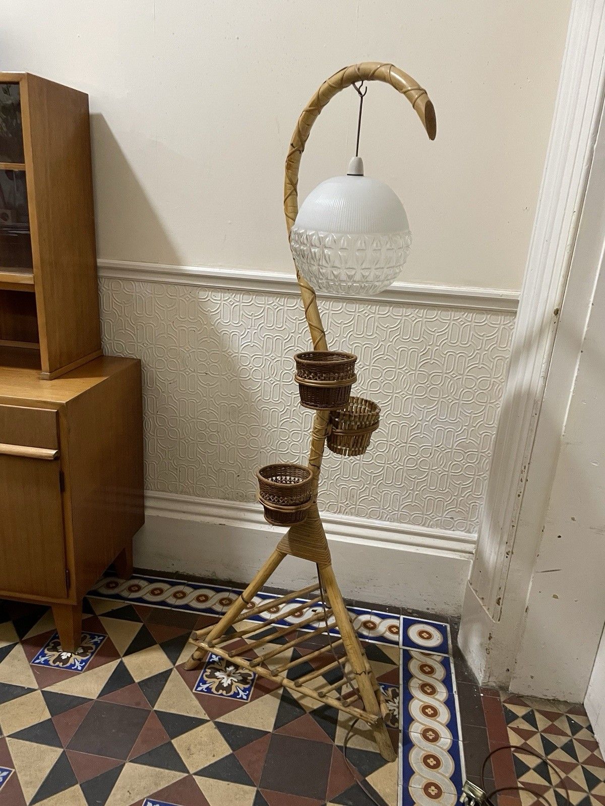 photo for sale Mid Century Bamboo Standard Lamp Gooseneck Tiki Plant Holder Vintage Glass Shade