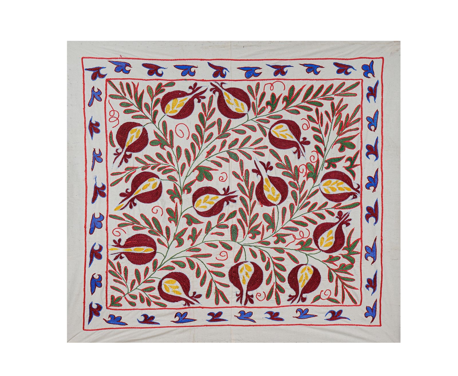 Square Suzani Wall Art With Red And Yellow Pomegranates – Embroidered Uzbek Textile 2'8'' X 3'2''