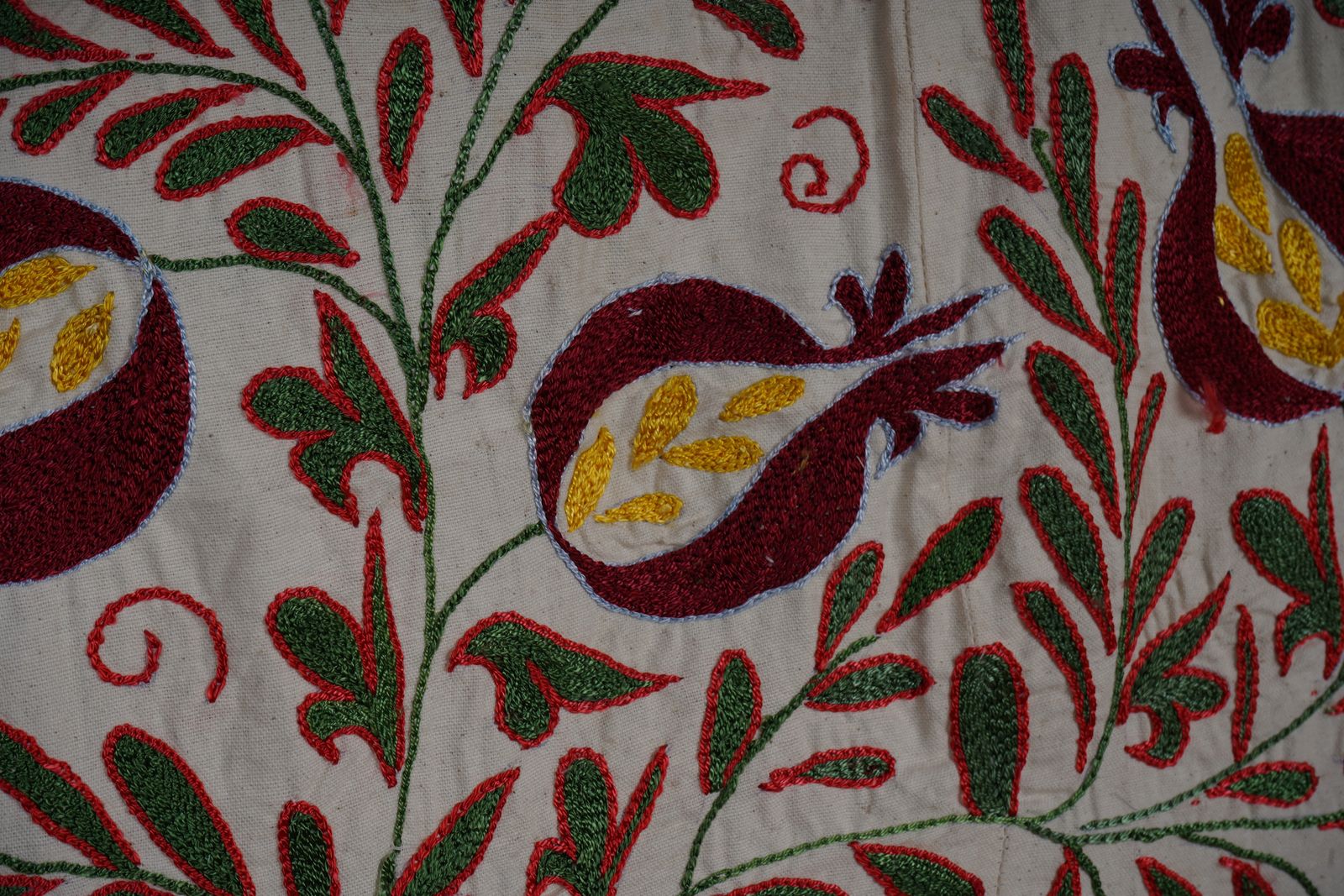 Square Suzani Wall Art With Red And Yellow Pomegranates – Embroidered Uzbek Textile 2'8'' X 3'2'' photo vintage