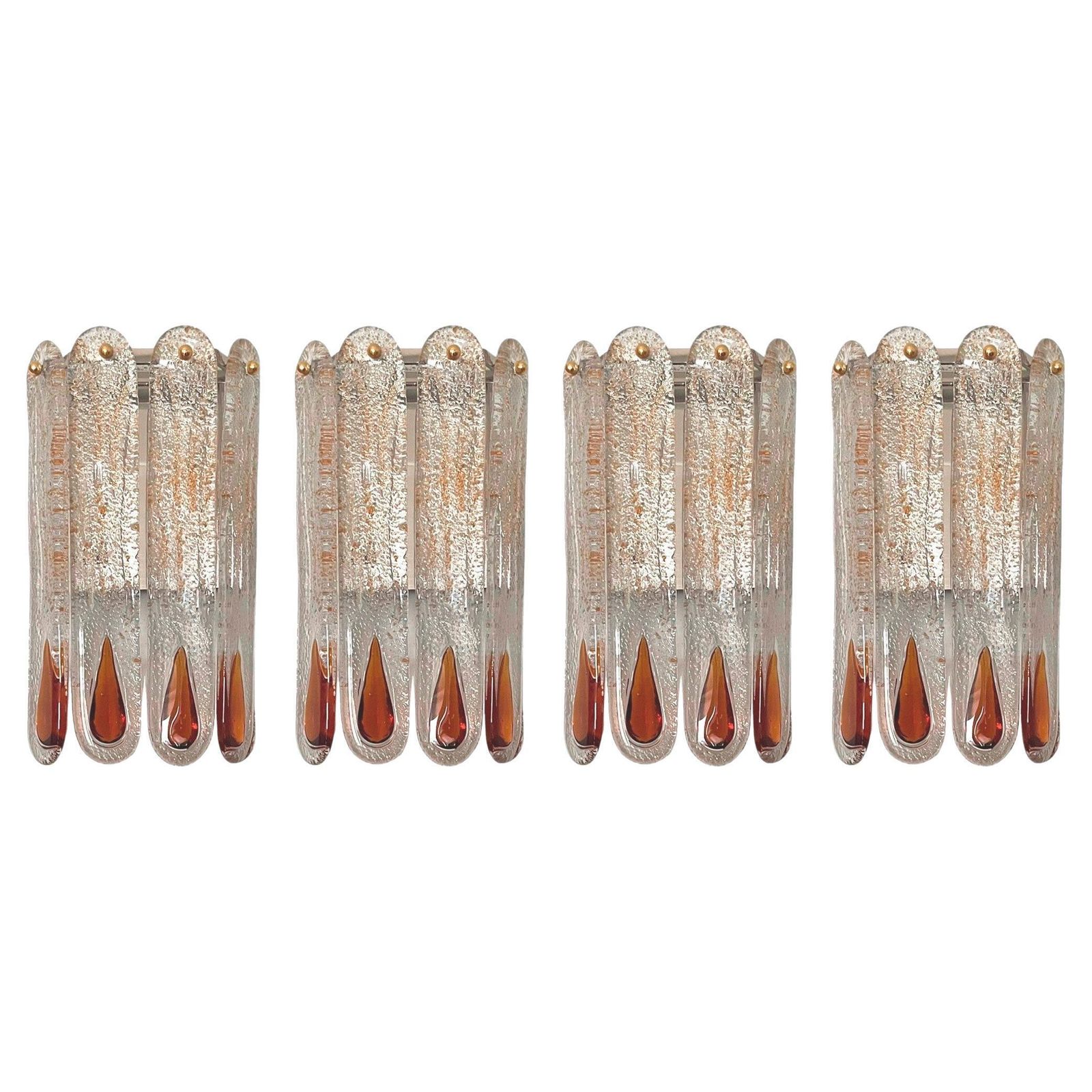 Italian Mid Century Set Of Four Amber Murano Wall Sconces By Mazzega, 1970s