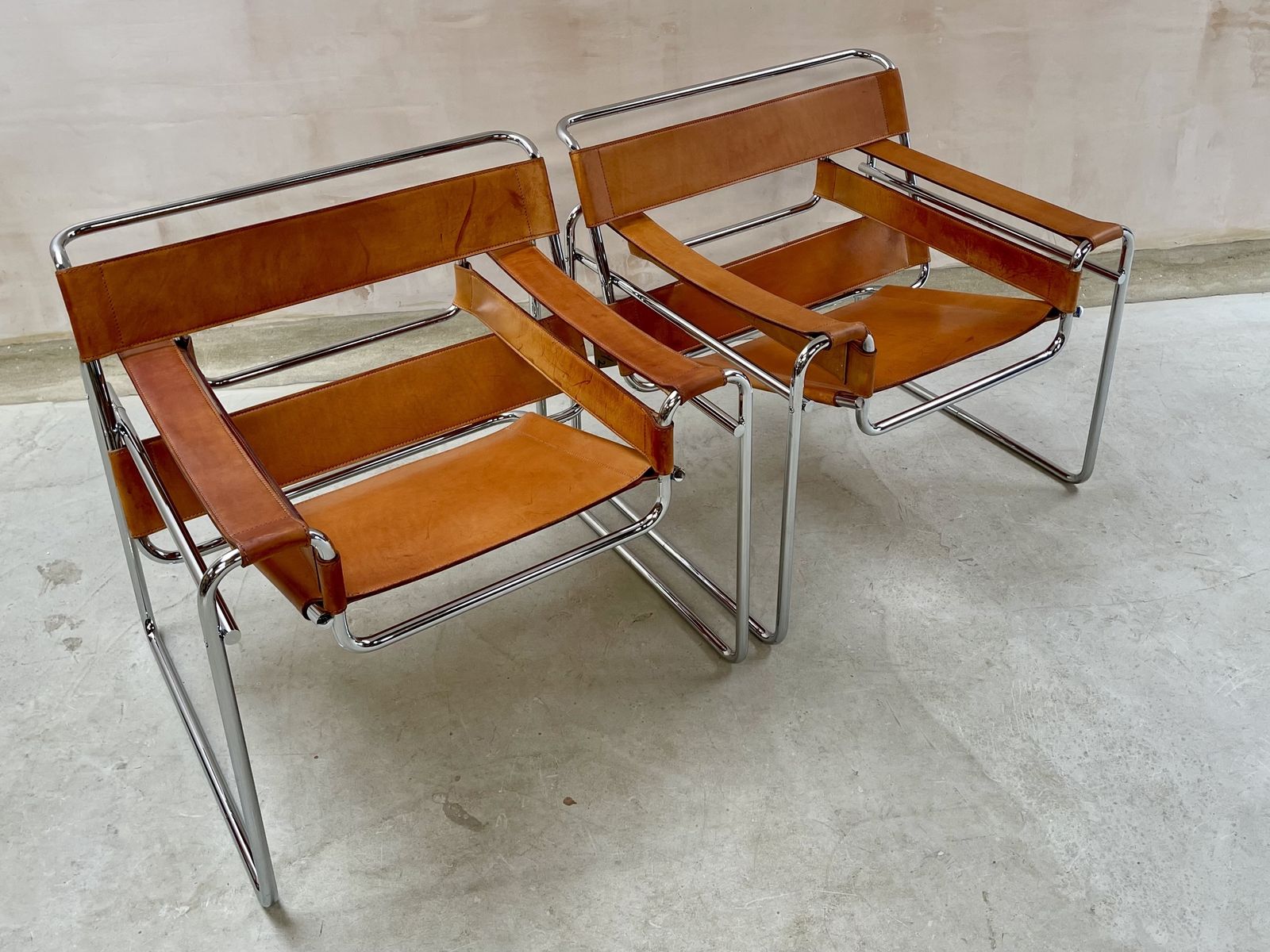 Wassily B3 Chair. Pair. By Fasem Not Knoll For Marcel Breuer. Brown Tan Leather And Chrome Bauhaus Lounge Club Accent Chairs. photo vinterior