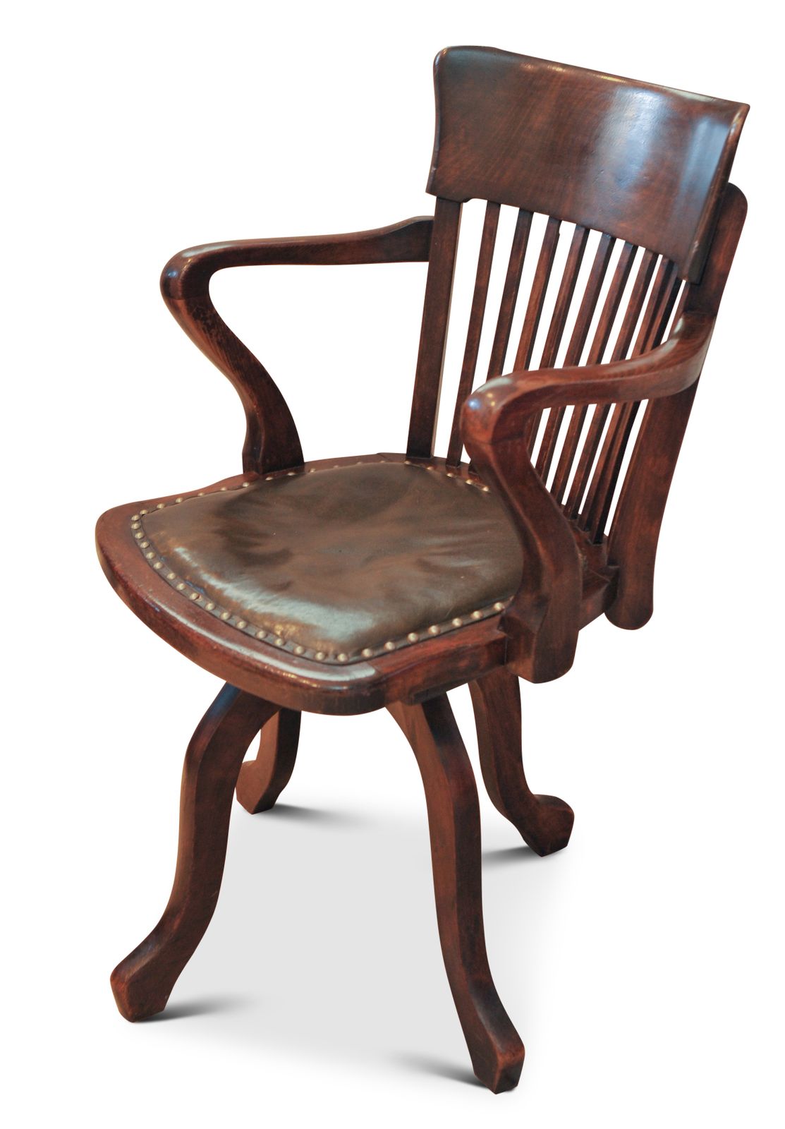 Victorian Oak & Leather Rail Back Revolving Desk Chair With Stud Detailing photo for sale