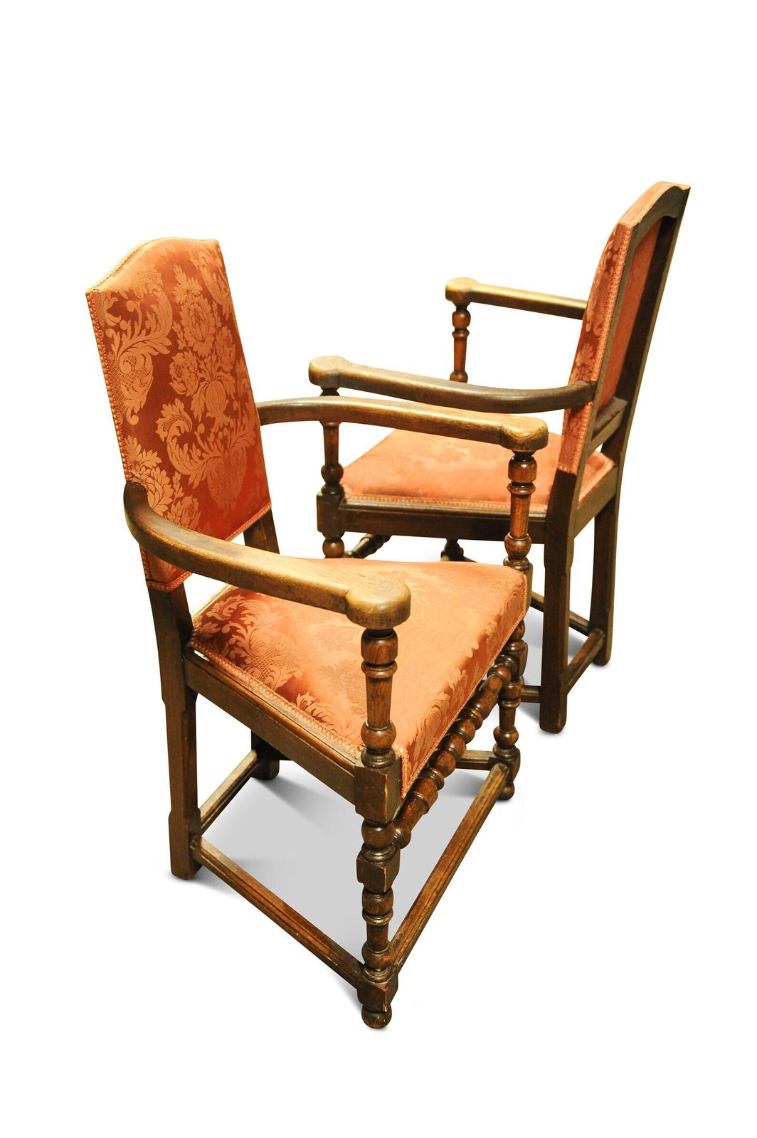 A Pair Of Oak Turned Elbow Chairs In An Early English Style With Rails And Stretchers With A Burnt Orange Damask Upholstery photo 1900.0